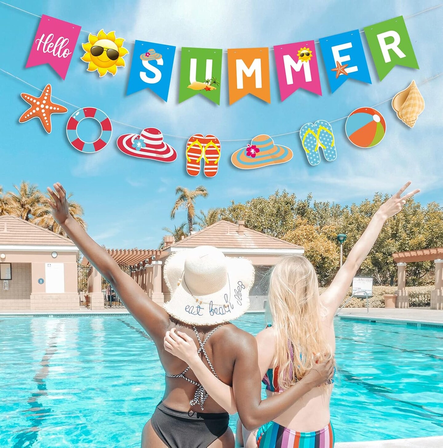 Hello Summer Banner and Beach Patterns Banner Colorful Summer Bunting Banner with Sun Signs Summer Beach Pool Party Banner for Wall Mantle Fireplace Party Hanging Decorations