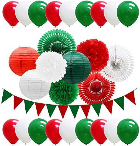 Red Green White Christmas Fiesta Brands Mexican Italian Party Decorations Paper Fans Lanterns Flower Pom Poms Felt Pennant Balloons for Graduations St. Patrick&#x27;s Day Birthday Baby Shower