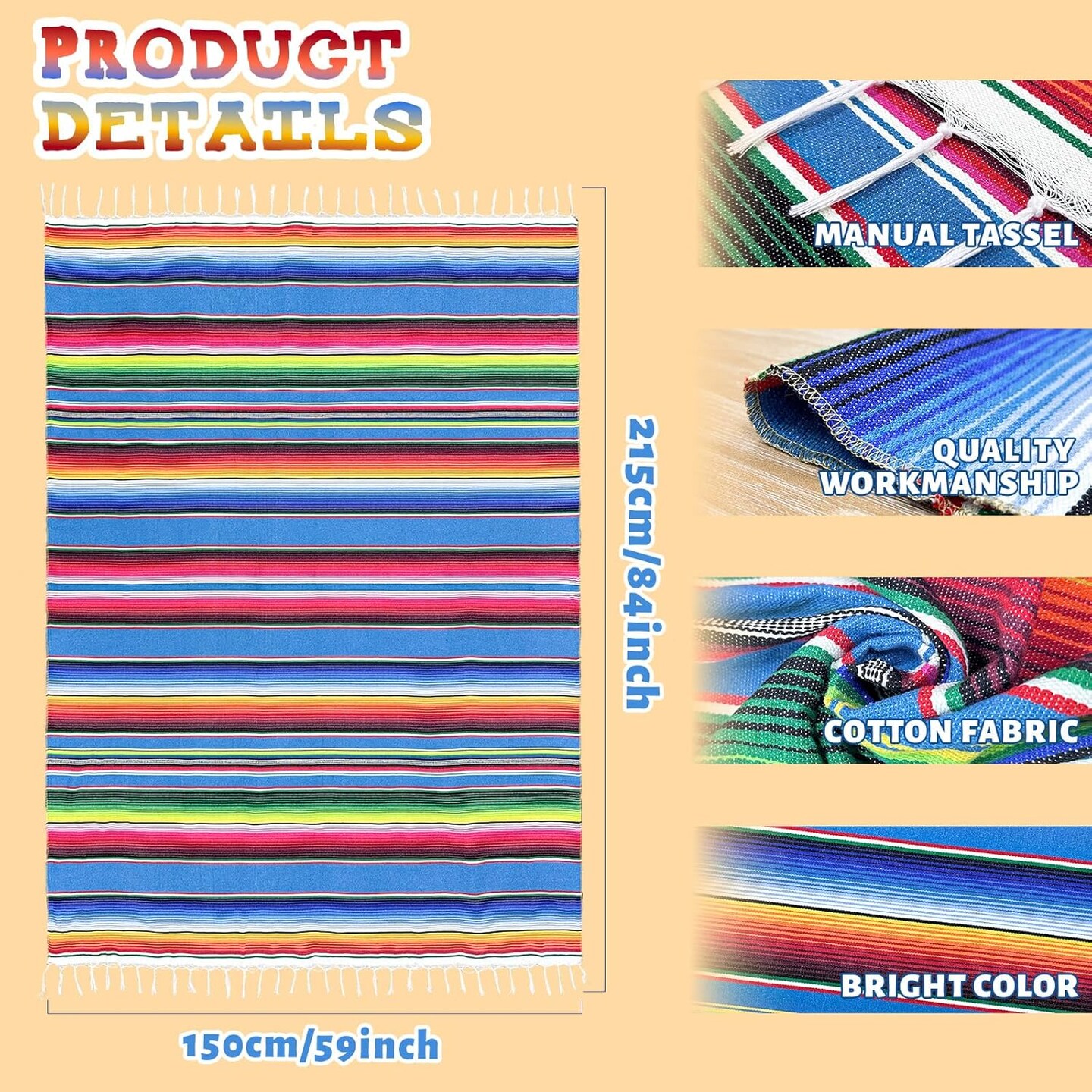 59 x 84 Inch Mexican Tablecloth Serape Blanket for Mexican Party Wedding Decorations, Large Square Cotton Fringe Table Cloth Colorful Mexican Blanket Outdoor Fiesta Table Cover Picnic (Blue)
