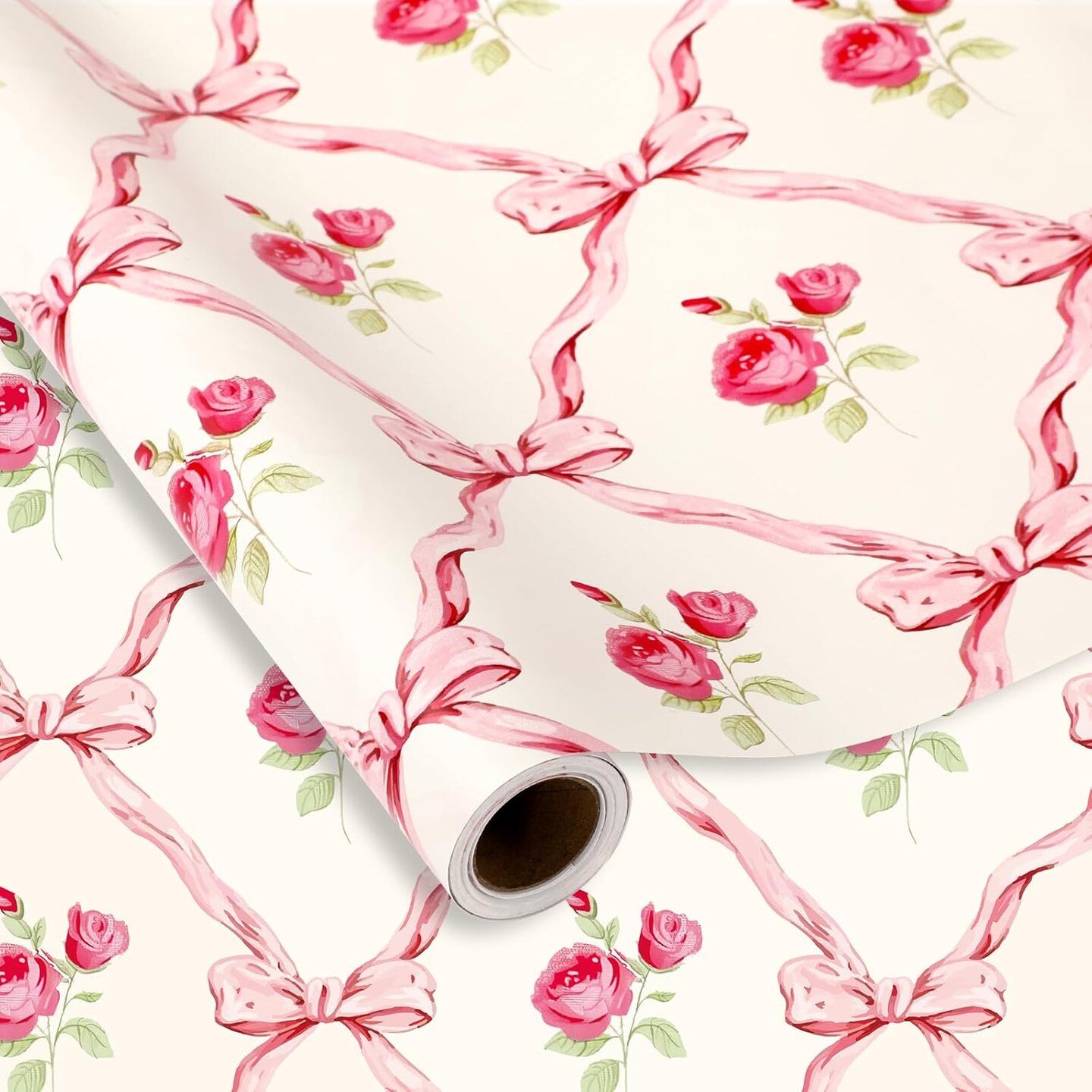 Pink Bow Floral Wrapping Paper -Mini Roll- 17 Inch x 32.8 Ft Flower Bow Knot Gift Wrap Paper Pink Art Paper for Wedding Birthday Supplies