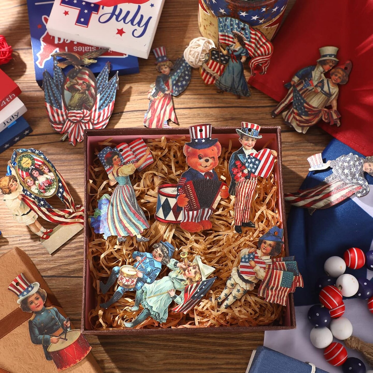 24 Pcs 4th of July Ornaments Vintage Patriotic Tree Ornaments Wooden Memorial Day Decorations Red White Blue Hanging Ornament for Small Tree Independence Day Party Decor(Warm)