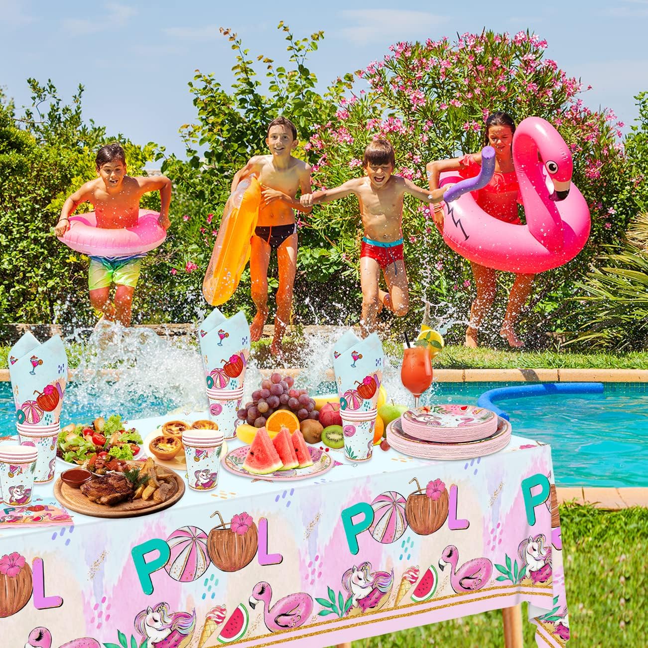 Summer Pool Party Decorations- 121PCS Pink Pool Plates and Napkins Set Beach Party Cups Tablecloths Flamingos Unicorns