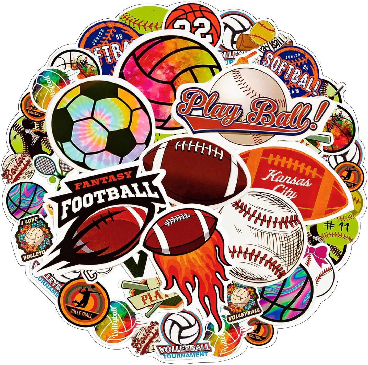 100PCS Sports Stickers for Water Bottles, Sport Theme Stickers for Kids Boys Teens Include Volleyball Softball Football Basketball, Vinyl Stickers for Hydroflask Skateboard Laptop School Rewards
