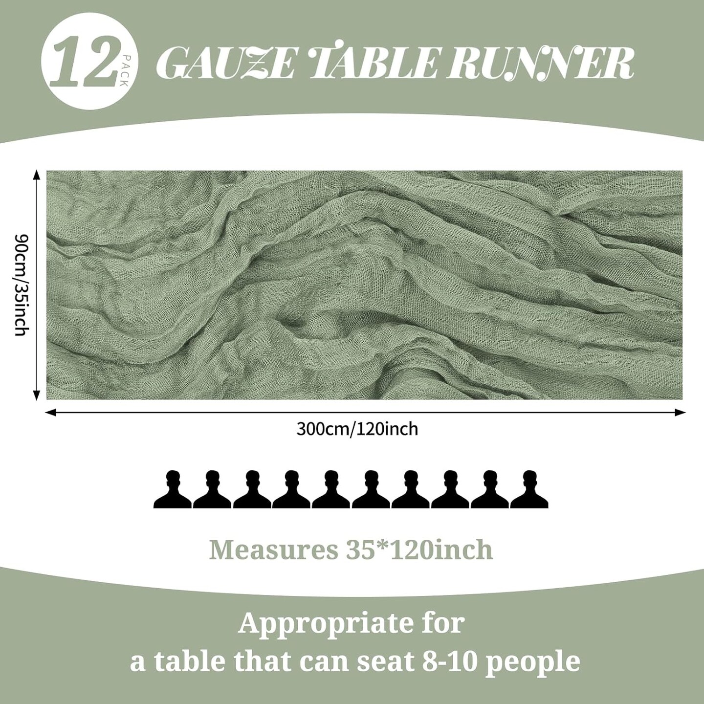 12-Pack 10ft Sage Green Cheesecloth Table Runners, 35x120" for Weddings & Parties.