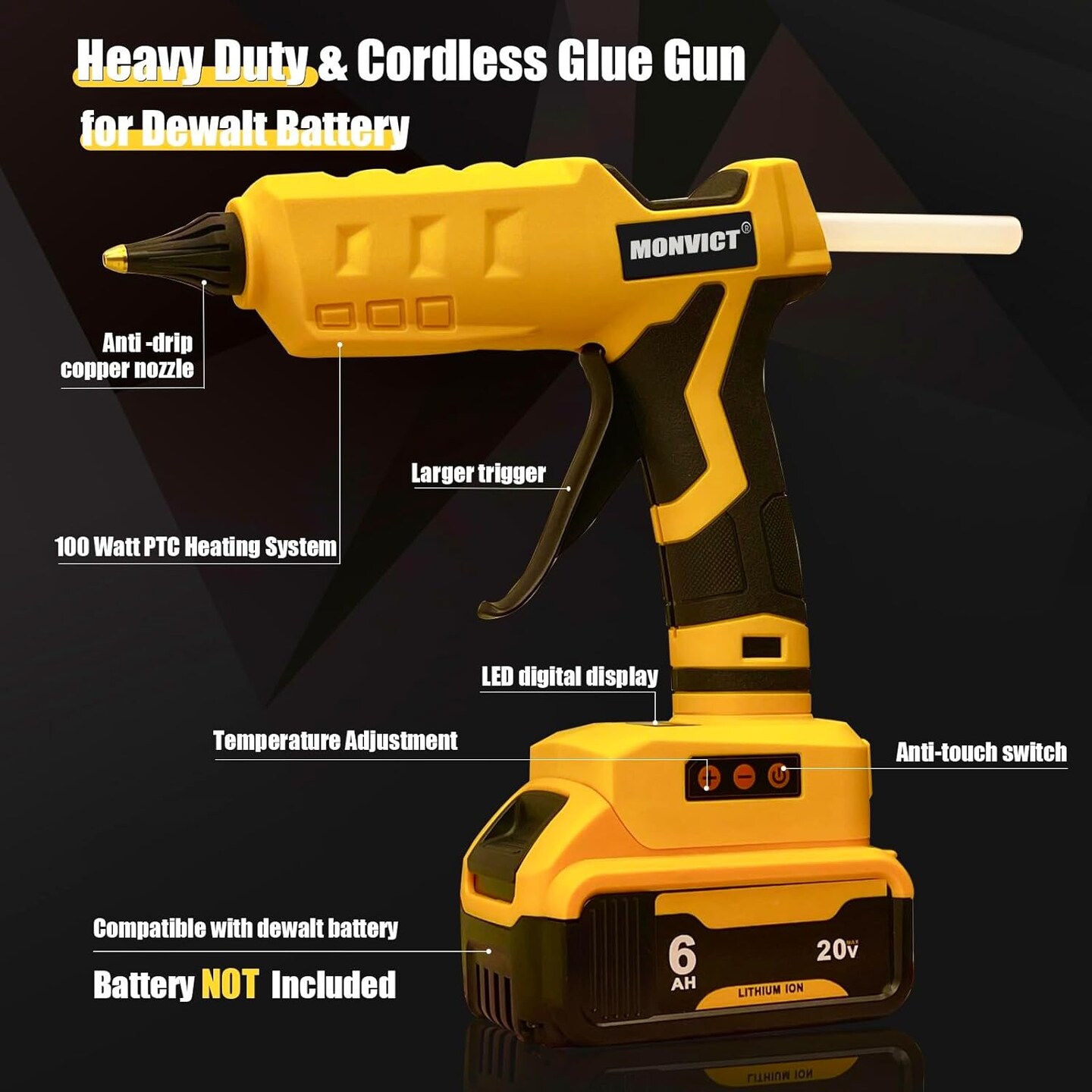 Cordless Glue Gun 20V Battery, Upgraded 100W Digital Temperature Adjustable Handheld Electric Power Full Size Heavy Duty Hot Glue Gun with 10 Glue Sticks (Battery Not Included)