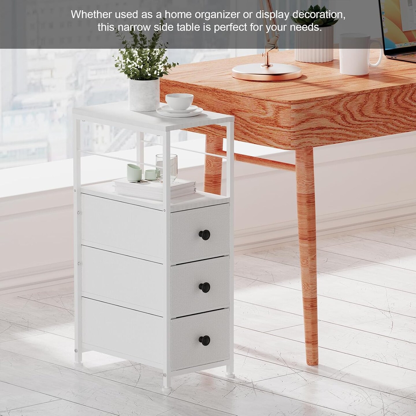 Narrow Dresser for Small Spaces | Slim White 3-Drawer Chest with Wood Shelf &#x26; Anti-Tip Design | Space-Saving Bedroom/Office Dresser Tower (28.26&#x22; H x 10.04&#x22; W)