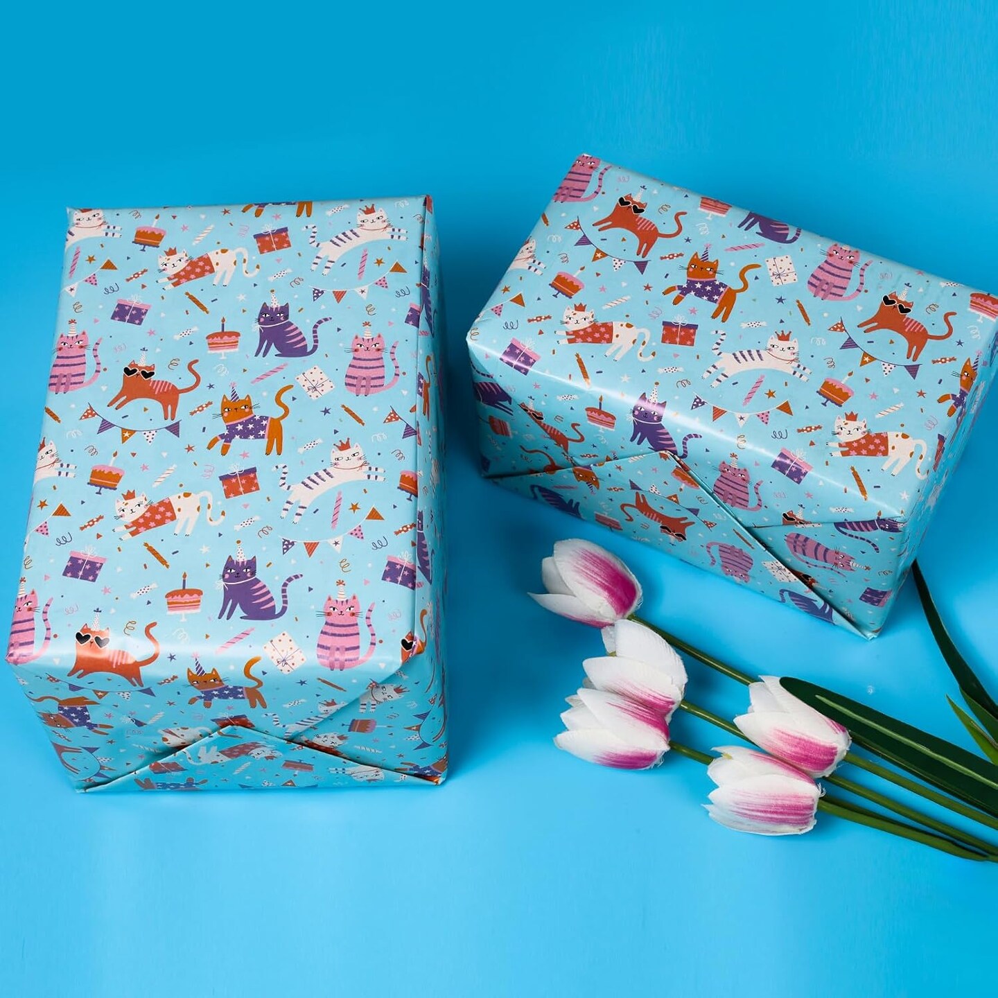 Cat Wrapping Paper Mini Roll – 17” x 10 ft, Blue Kitten Pattern for Kids’ Birthdays, Parties, Baby Showers & Cat Lovers (Blue Cats)