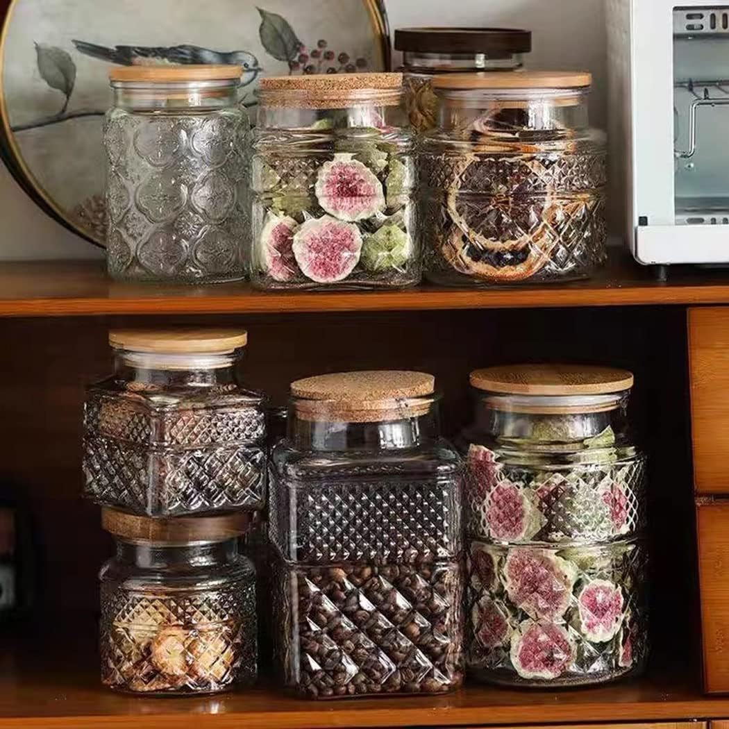 Glass Storage Jars Vintage Embossed Canisters Food Cereal Storage Containers with Bamboo Lid, Decorative Jars for Kitchen Counter,Pantry,Set 3-Piece Glass Jars in 60 oz/40 oz/20 oz (Round)