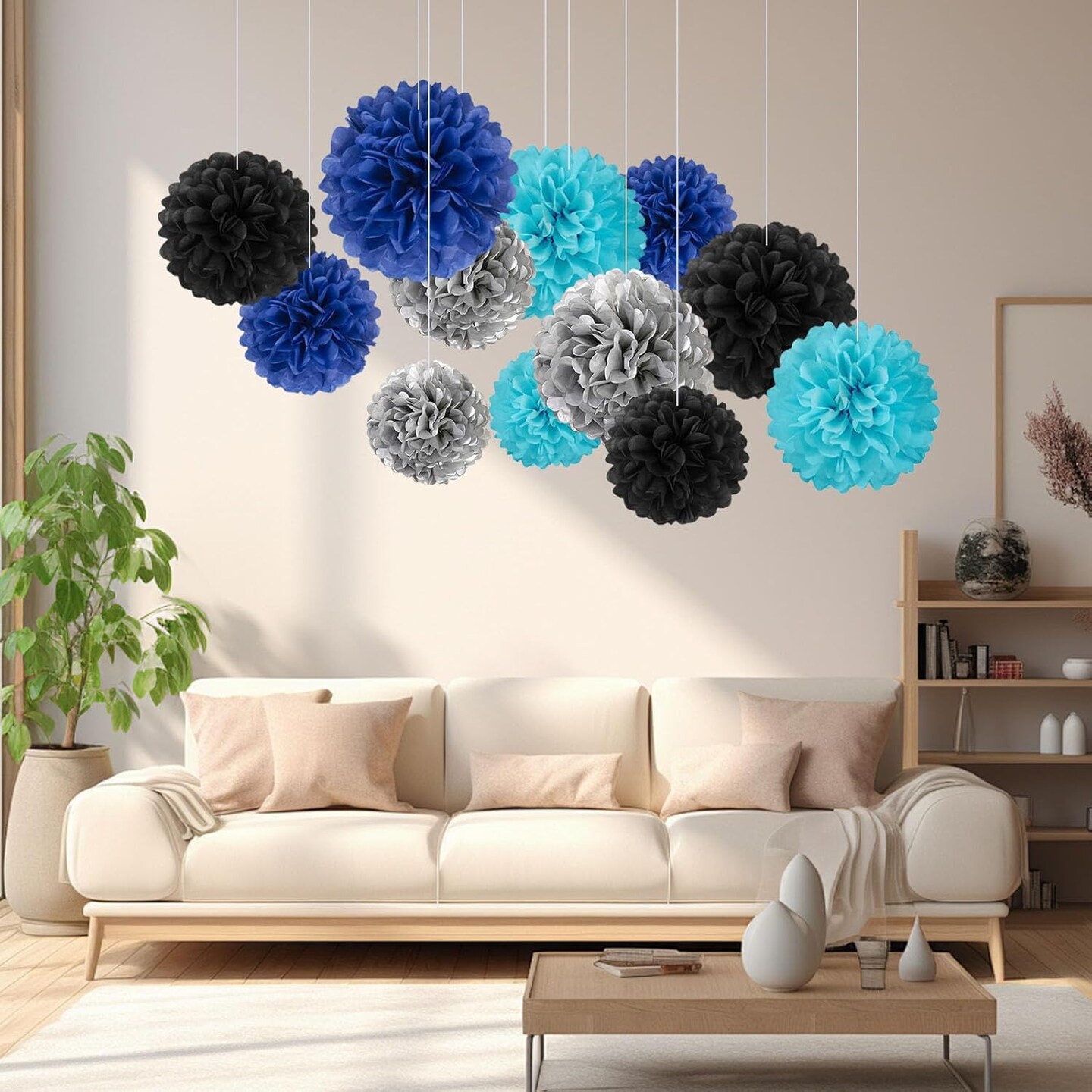 20 PCS Tissue Paper Pom Poms, Tissue Pom Poms Flowers, Sizes of 6&#x22;, 10&#x22;, 12&#x22;, 14&#x22; Hanging Paper Flower Ball for Wedding, Birthday, Graduation, Baby Shower Party Decor (Black Silver Blue)