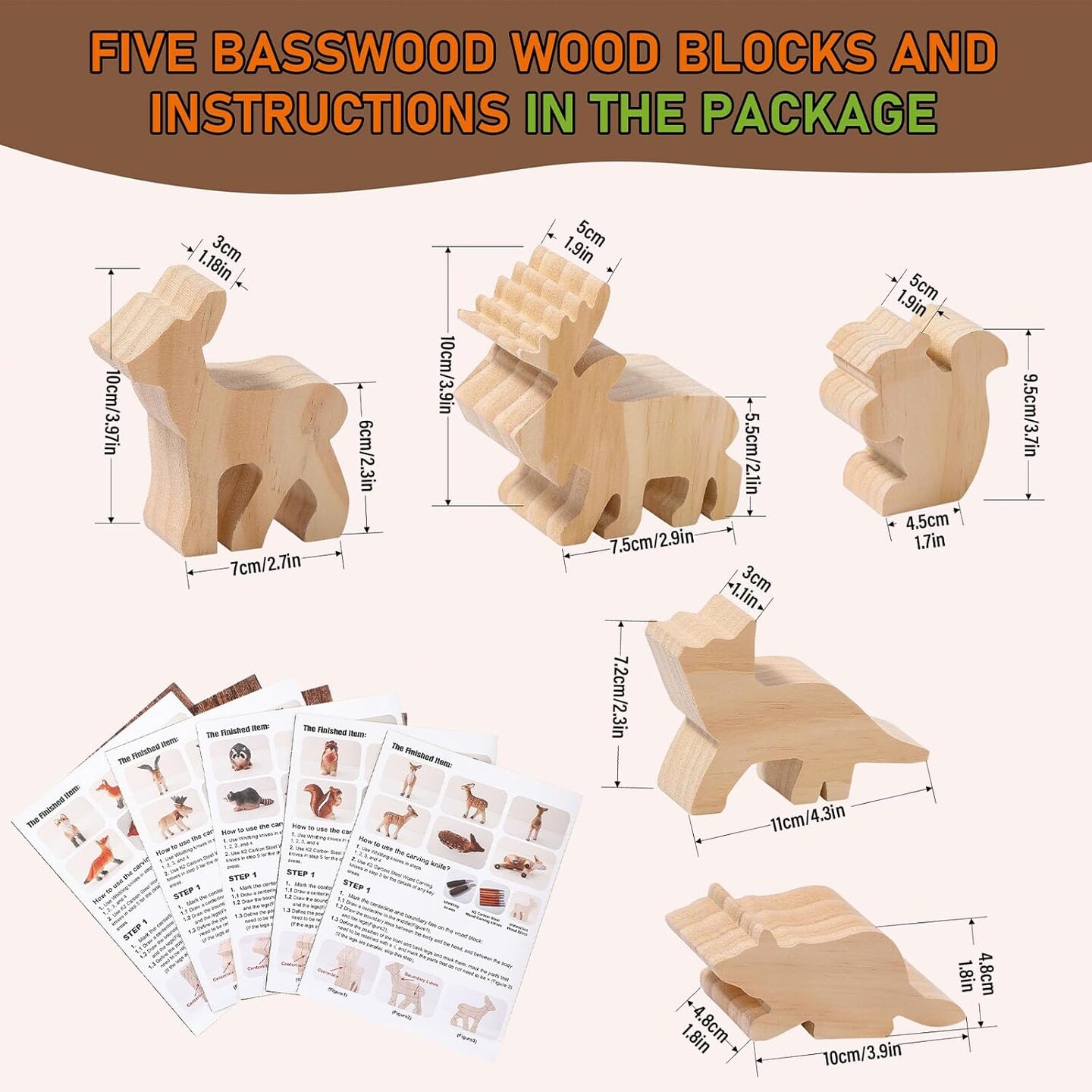 Wood Carving Kit Forest Animals Wood Whittling Kit for Beginners Adults Kids,Wood Carving Tools Set with Whittling Knife and K2 Carbon Steel Wood Carving Knife and 5Pcs Big Basswood Wood Blocks
