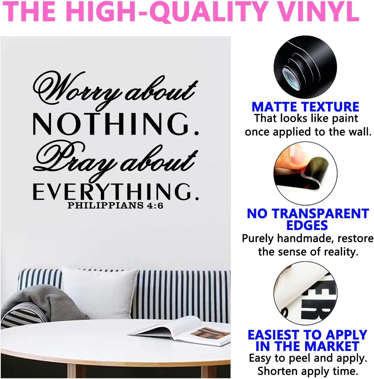 Inspirational Wall Decals, Prayer Wall Decor, Quotes Bible Verse Christian Religious Faith Bedroom Living Room Vinyl Art Decor Home Stickers Worry About Nothing Pray About Everything 18&#x22;X15&#x22;