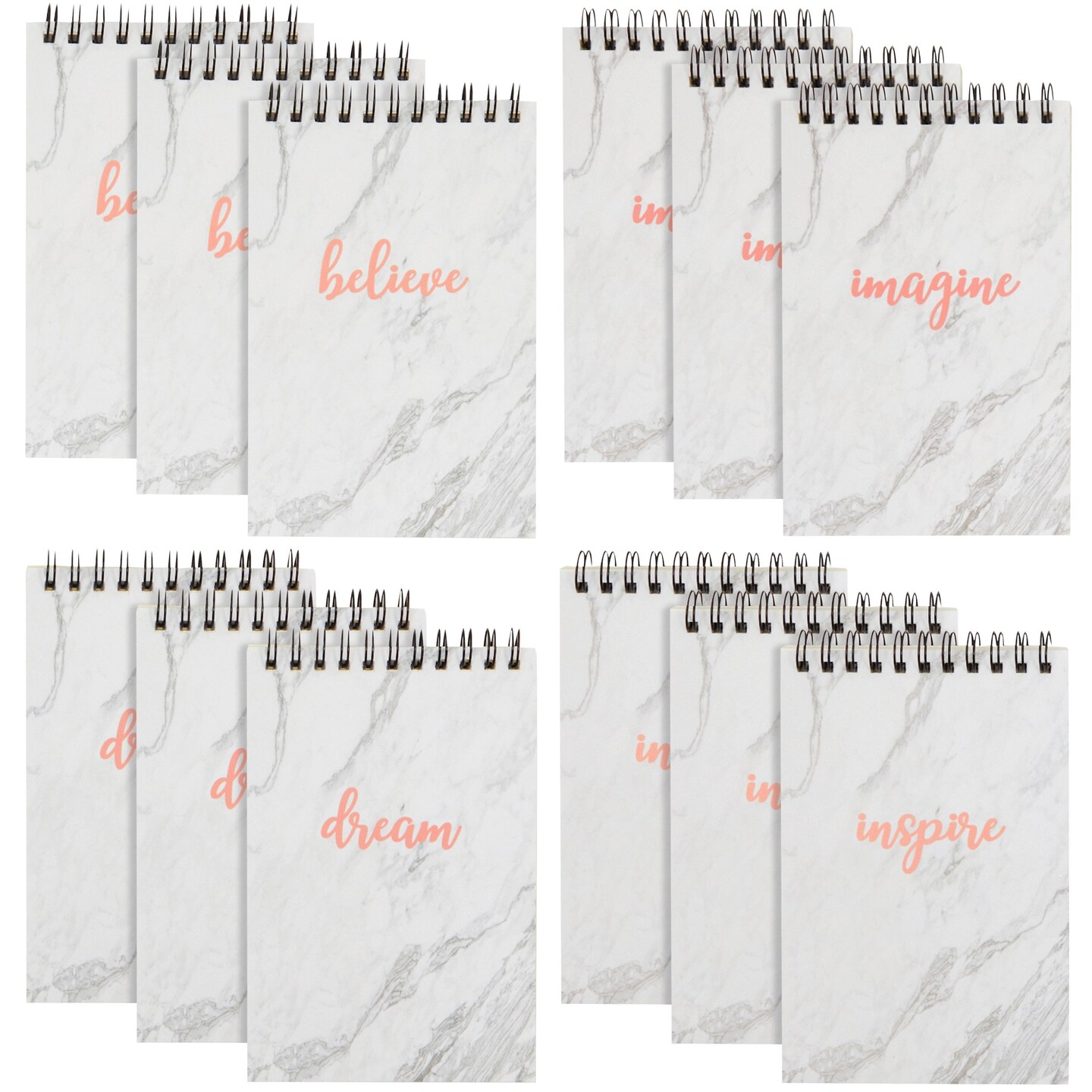12-Pack Small Spiral Bound Motivational Notebooks, 4x6-Inch Bulk Marble Pink Note Pads, 50 Sheets Each, Inspirational Notepads, Imagine, Believe, Inspire, Dream Cover Designs