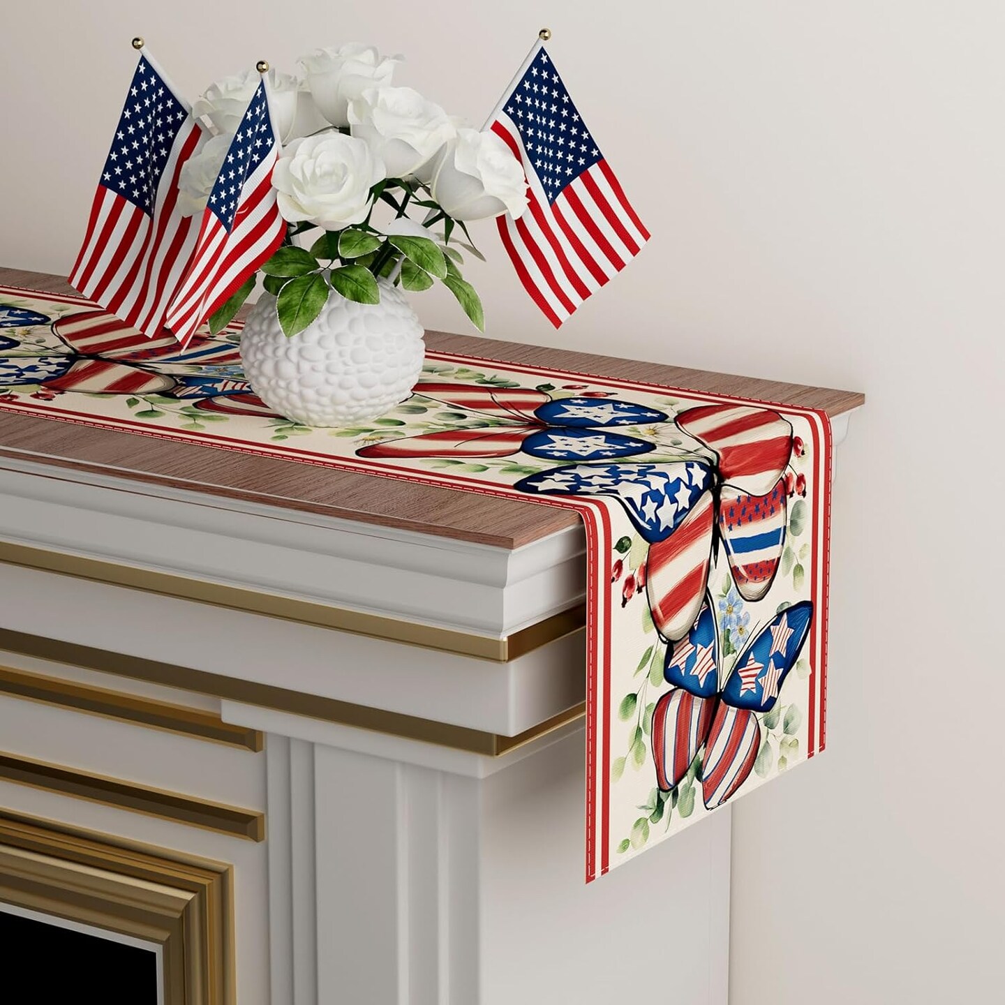 Watercolor America Stars Butterflies Eucalyptus Leaves Patriotic 4th of July Memorial Day Independence Day Table Runner Decoration for Home Kitchen Holiday Party