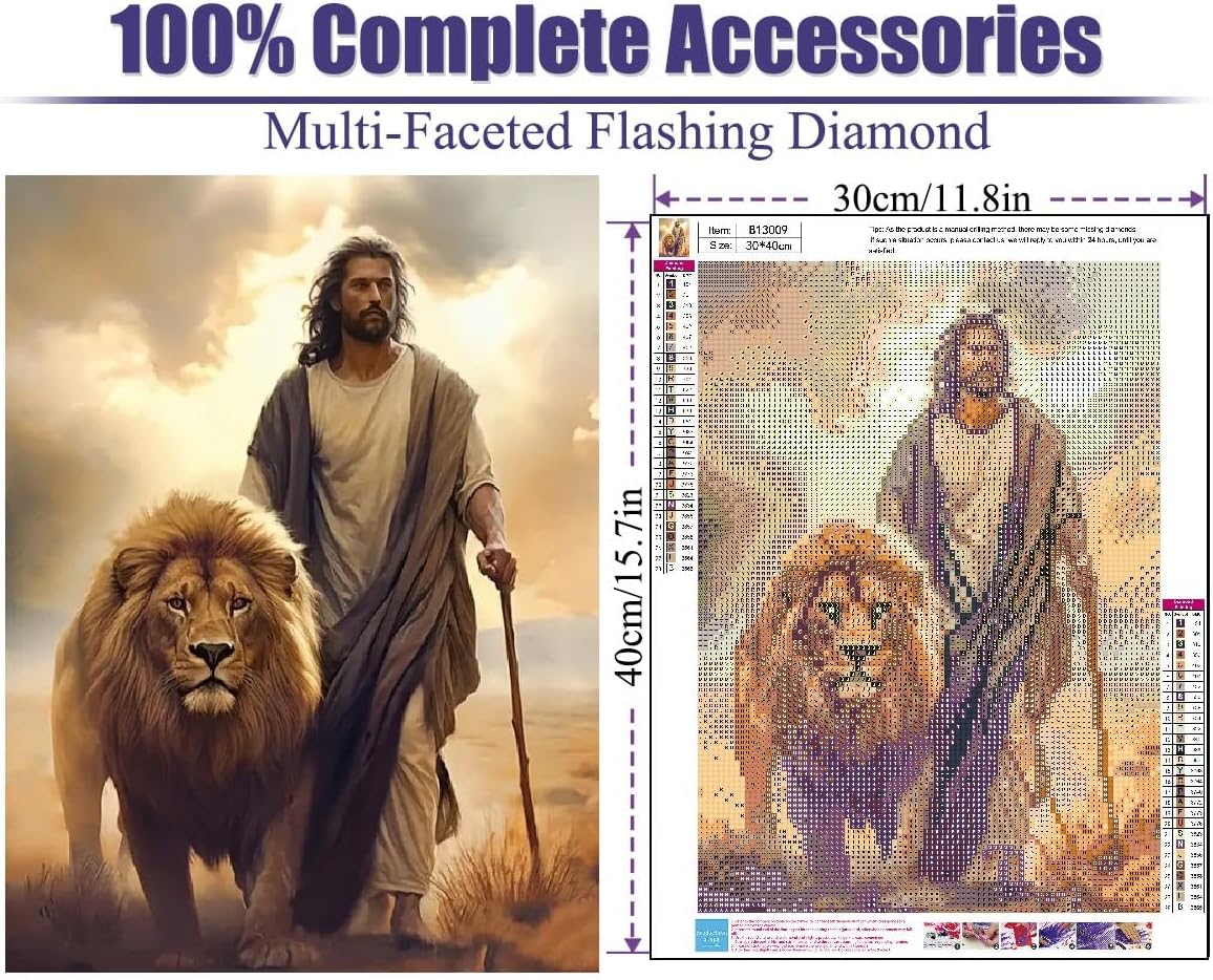 Jesus Diamond Painting Kits for Adults. Easter Religion Christ Diamond Art Full Drill Round Gem Art Lion 5D Diamond Dots Suitable Home Wall Decor 12x16inch