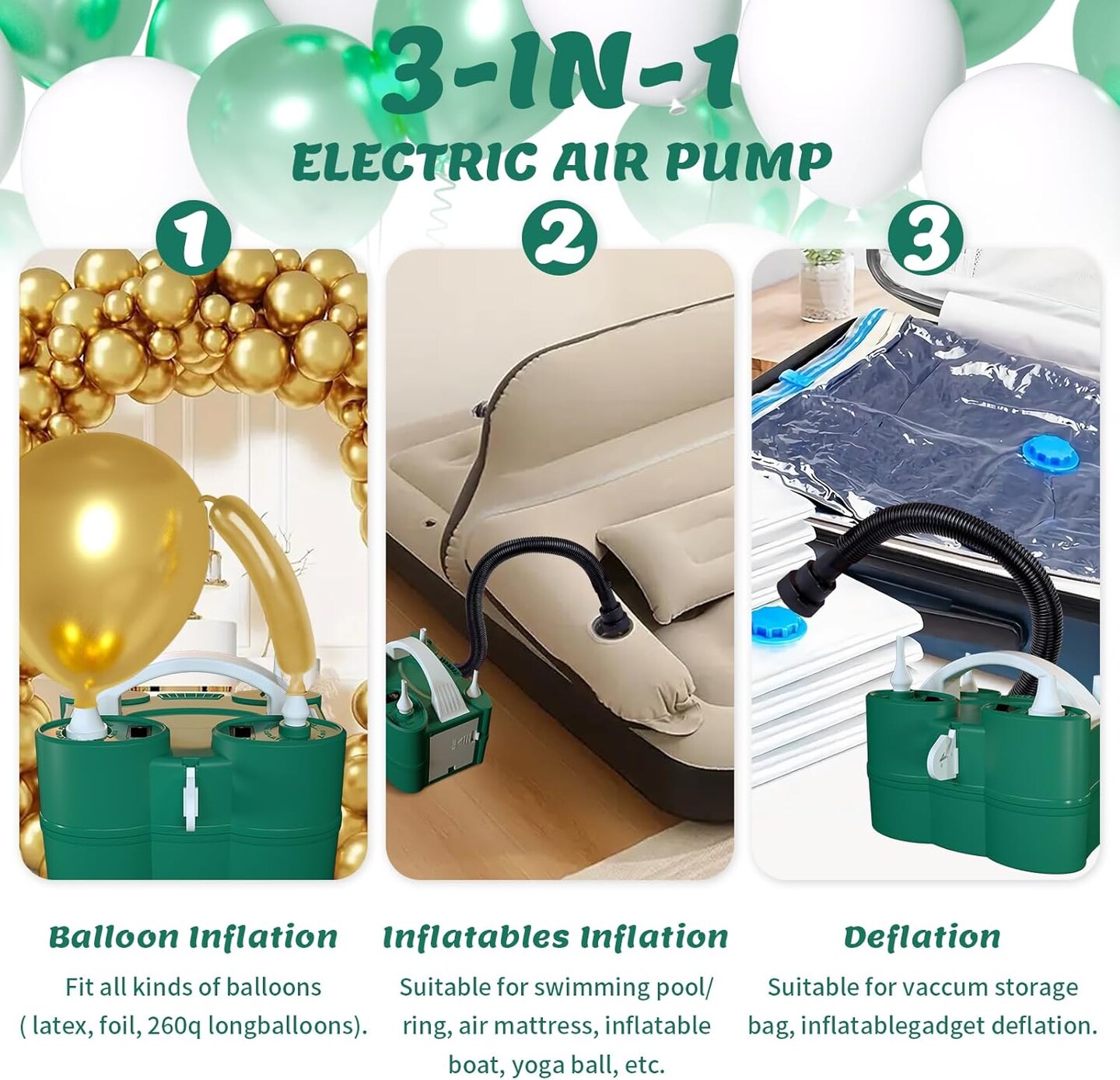 Balloon Pump Electric, 3-in-1 Balloon Pump for Inflatables and Deflator, Electric Balloon Pump for Latex 260q Foil Balloons, Quick-Fill 110V AC Inflator Deflator