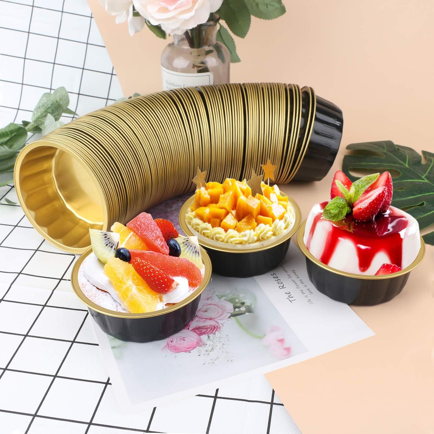 Disposable Baking Ramekins, 8 oz 100 Pack 3.9&#x22; 235ml Aluminum Foil Cups Bake Utility Ramekin Cup Souffle Cup Muffin Cupcake Baking Cup Mini Pudding Cups for Party Wedding Birthday - Black Gold
