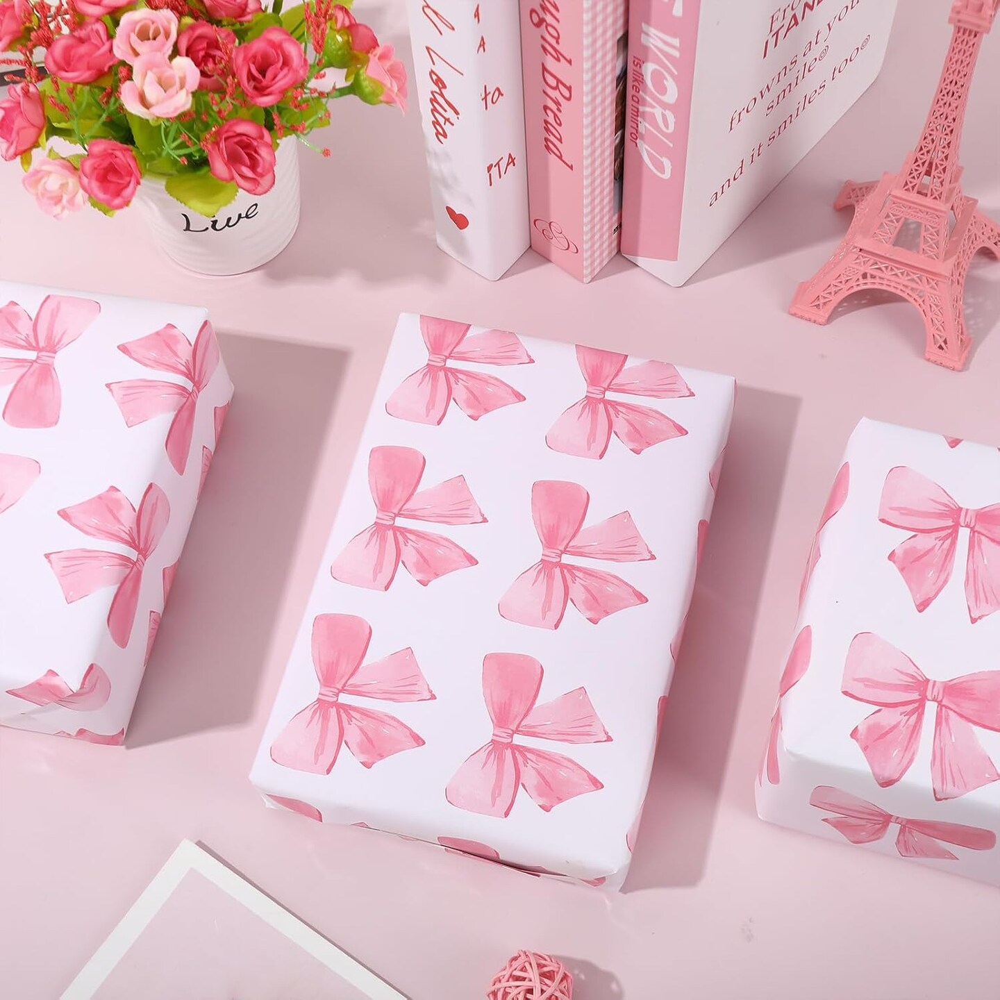 Pink Bow Wrapping Paper -Mini Roll- 17In x 32.8 Ft Watercolor Bow Knot Gift Wrap Paper Sweet Craft Paper for Valentine&#x27;s Day Birthday Wedding Party Packing Supplies