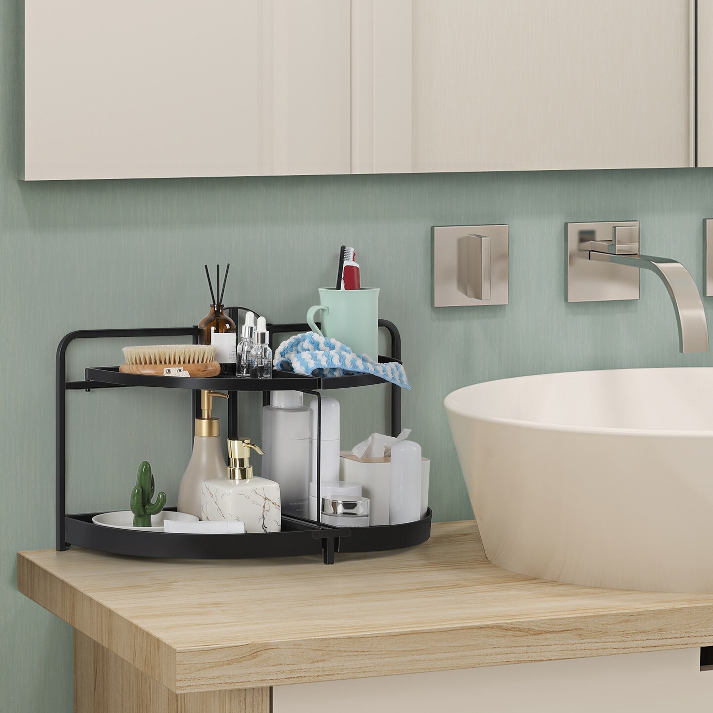 2-Tier Rotating Metal Countertop Organizer - Rust-Proof Bathroom &#x26; Kitchen Storage Shelf with Foldable Design, Large Space-Saving Semicircle Shelves