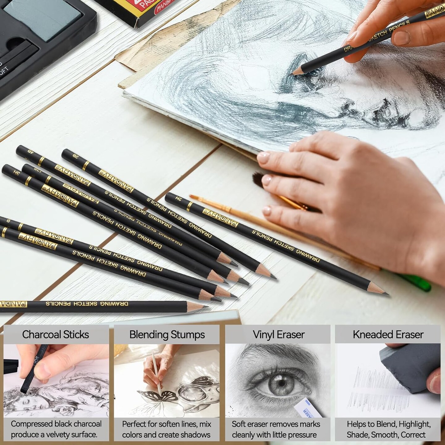 Drawing Sketching Pencil Set, 26 Piece Pro Art Pencil Sketch Kit - Graphite Pencils (14B-4H), Black and White Charcoal Pencils, Charcoal Sticks, Blending Stump, Eraser, Sharpeners