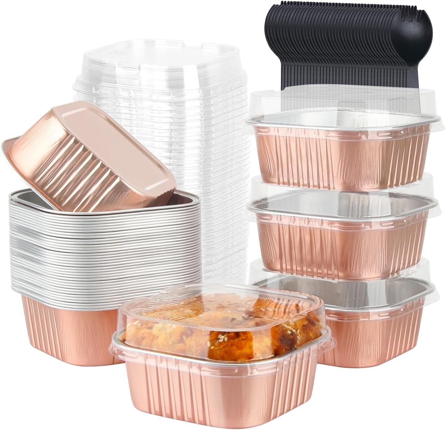 10oz Mini Cake Tins With Lids 40 Pack,LNYZQUS Aluminum Foil Small Baking Pans Disposable Large Brownie Baking Cups,4”x4” Small Bread Muffin Containers Holders For Party-Champagne