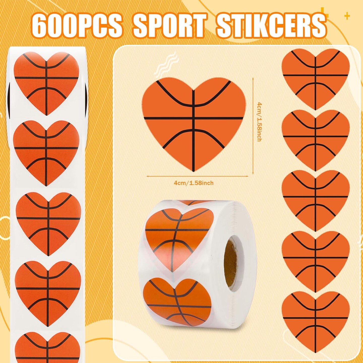 Sports Stickers for Kids, 600Pcs Valentines Stickers Basketball Stickers Self Adhesive Water Bottle Sticker Heart Seal Labels for Sports Events Valentines Decorations