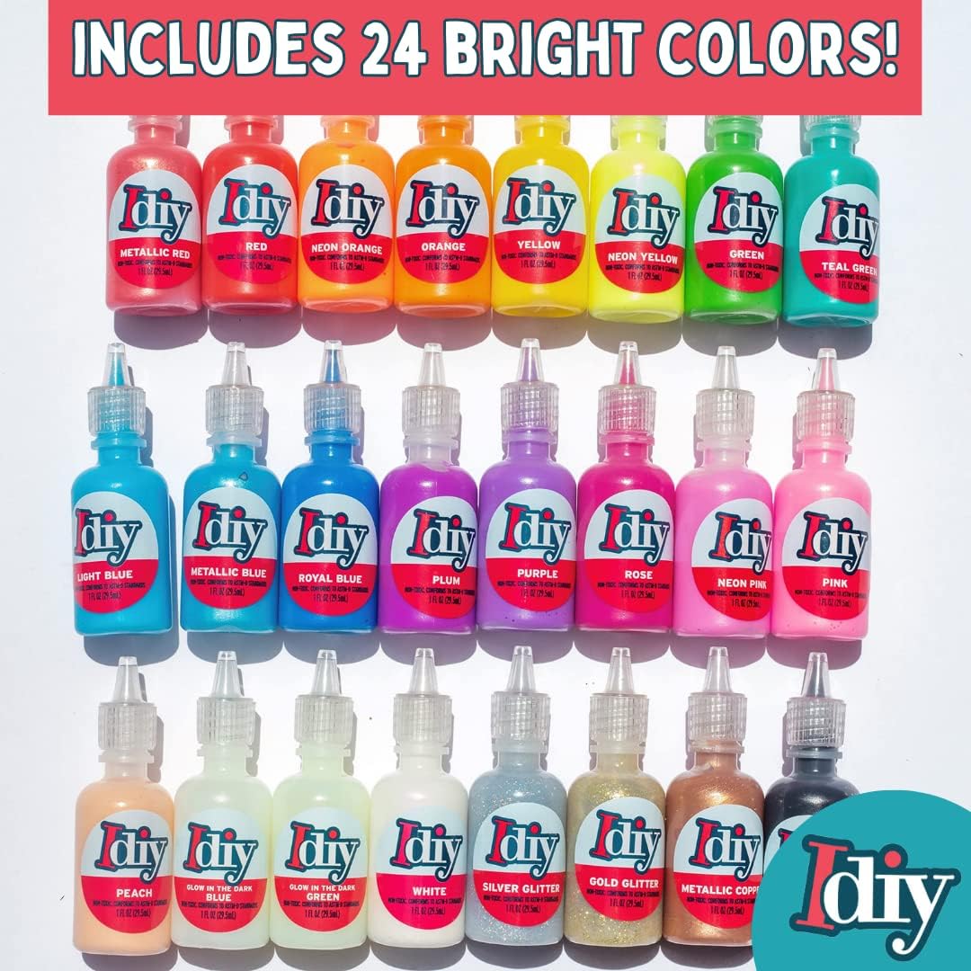 Fabric Paint Set of 24 – 1oz Bottles, Ultra Bright 3D Colors with Glitter, Metallic, Glow-in-the-Dark, Neon