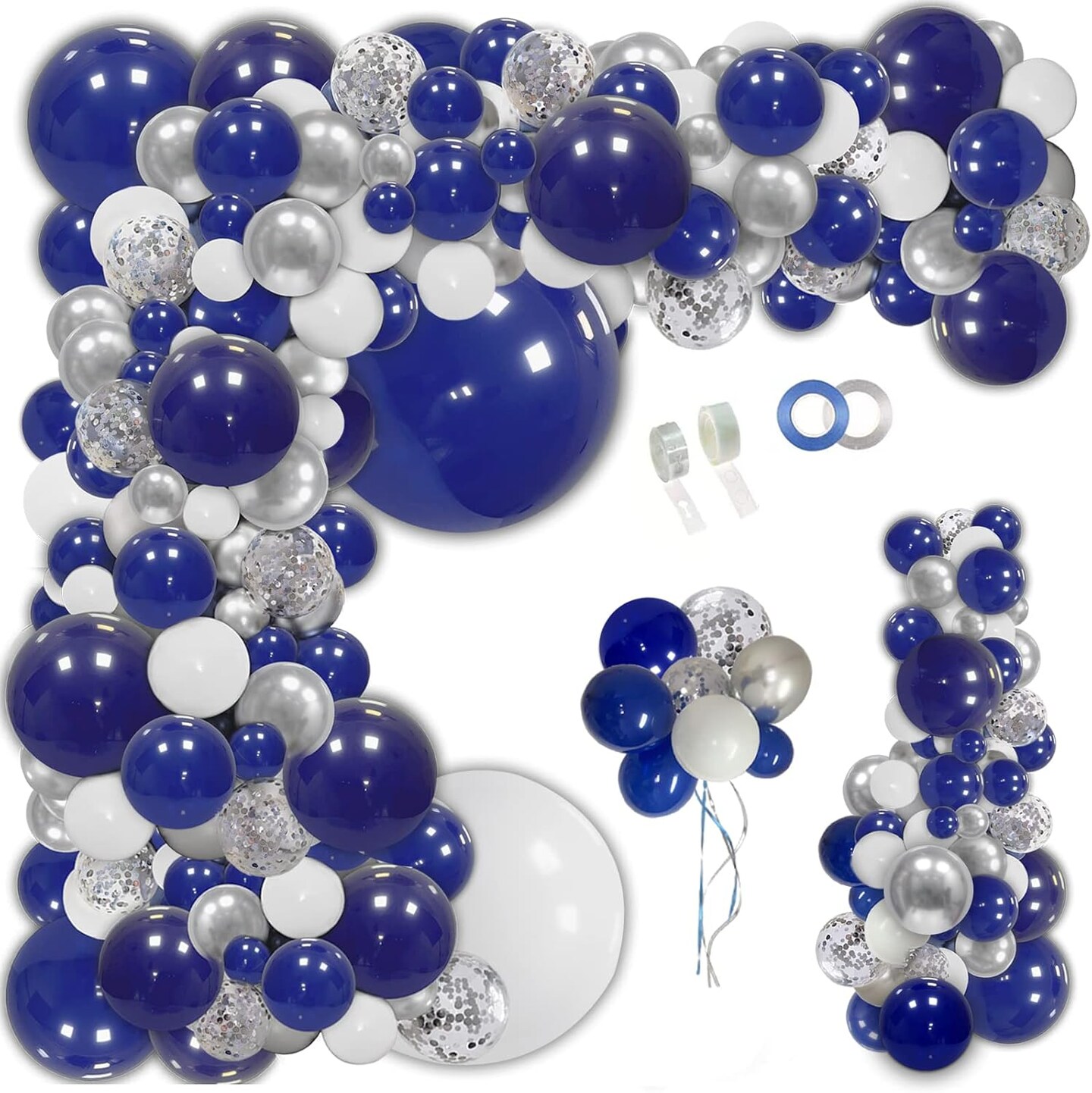 148pcs Navy Blue Silver Balloons Garland Kit, Royal Blue Silver White Confetti Balloon