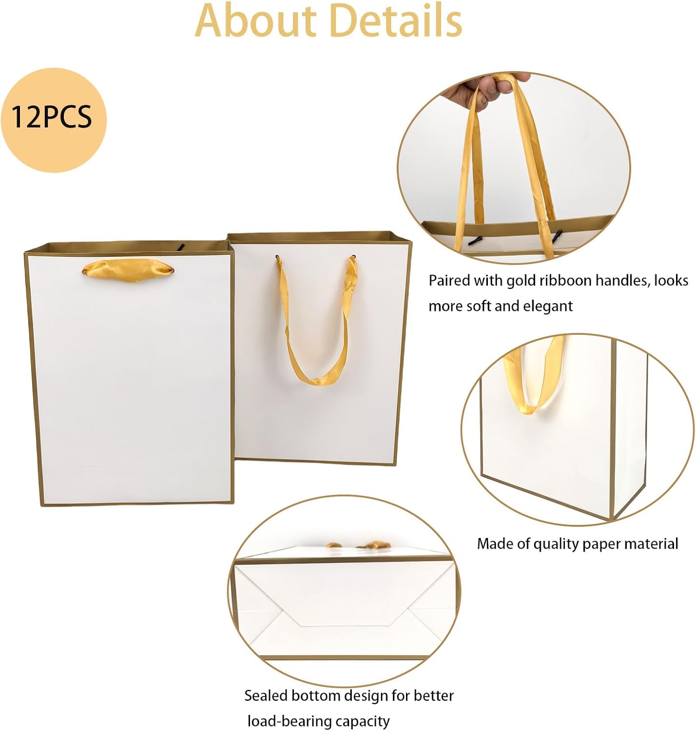 Gift Bags with Handles, 12 Pack 11.3 x 8.6 x 3.9 Gift Bags Medium size, White Gold Thank You Bags