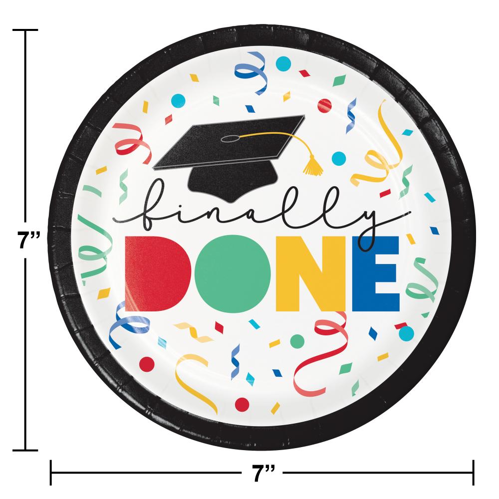 96 pc Bulk Grad Cap Toss &#x22;Done&#x22; Paper 6.75&#x22; Dessert Plate