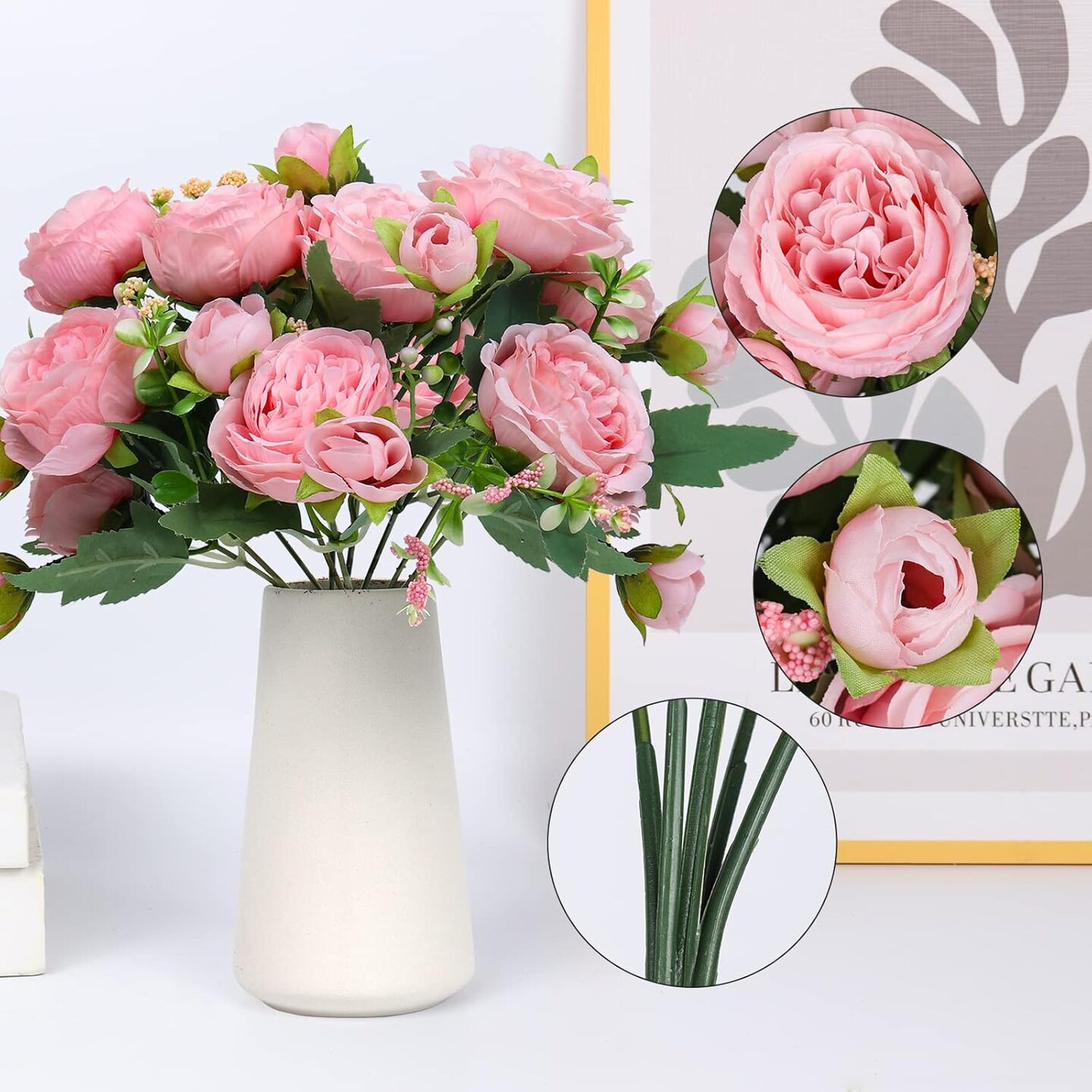 Faux Peony Flowers with Vase Fake Bouquet with Stems Artificial Greenery for Floral Arrangements Silk Plants for Home Decor Indoor Rustic Coffee Centerpiece Table Mother&#x27;s Day(Pink)
