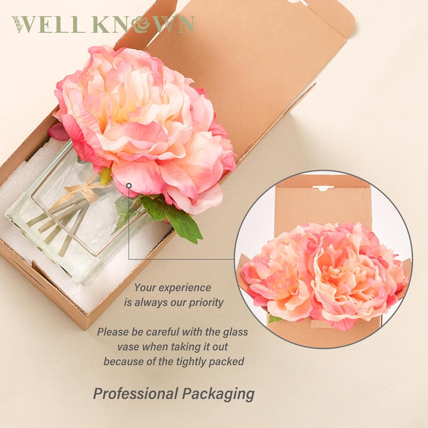 Faux Flowers in Cube Glass Vase with Faux Water Silk Peony Flower Arrangements Artificial Centerpiece