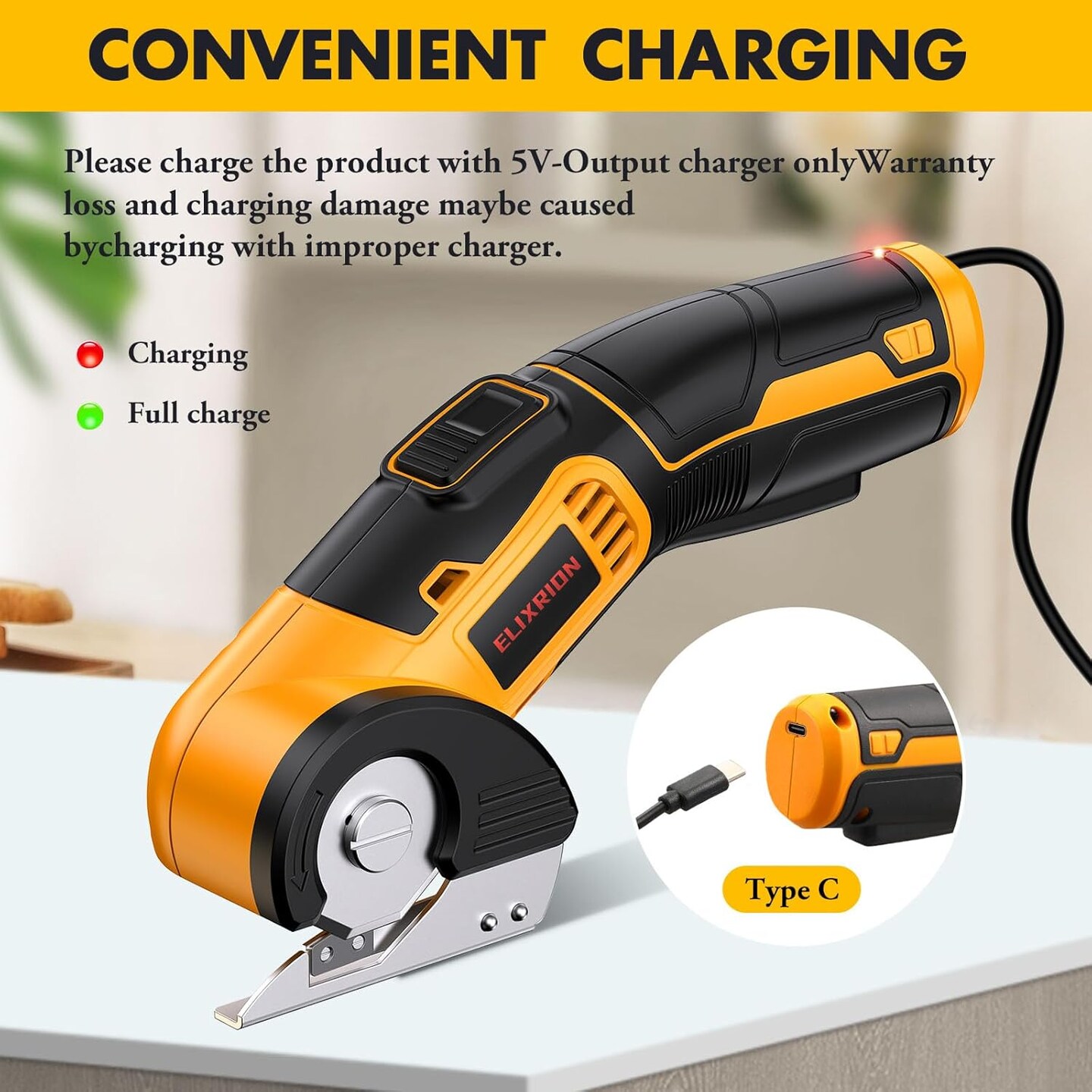 Electric Scissors Rotary Cutter with 2 Blades | 4V 2000mAh Rechargeable | Heavy Duty for Cardboard Fabric Carpet Leather | Lightweight Portable (Yellow)