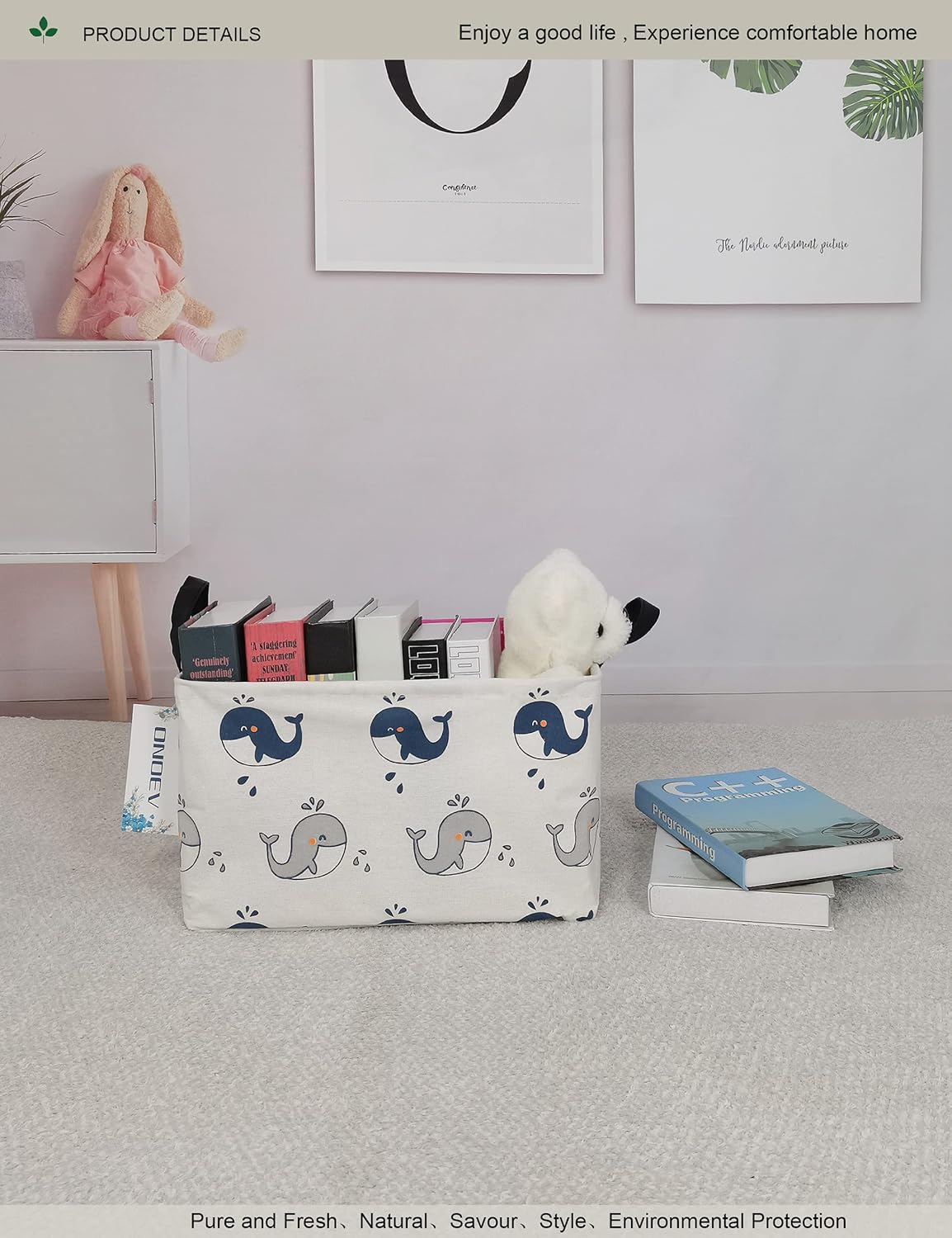 Summer Folding Basket,Canvas Basket, Nursery Hamper,Suitable for Children,Office,Bedroom,Clothes,Toys Storage (REC whale), 14.9&#x2019;&#x2019;L &#xD7;10.2&#x2019;&#x2019;W&#xD7;9.05&#x2019;&#x2019;H inches