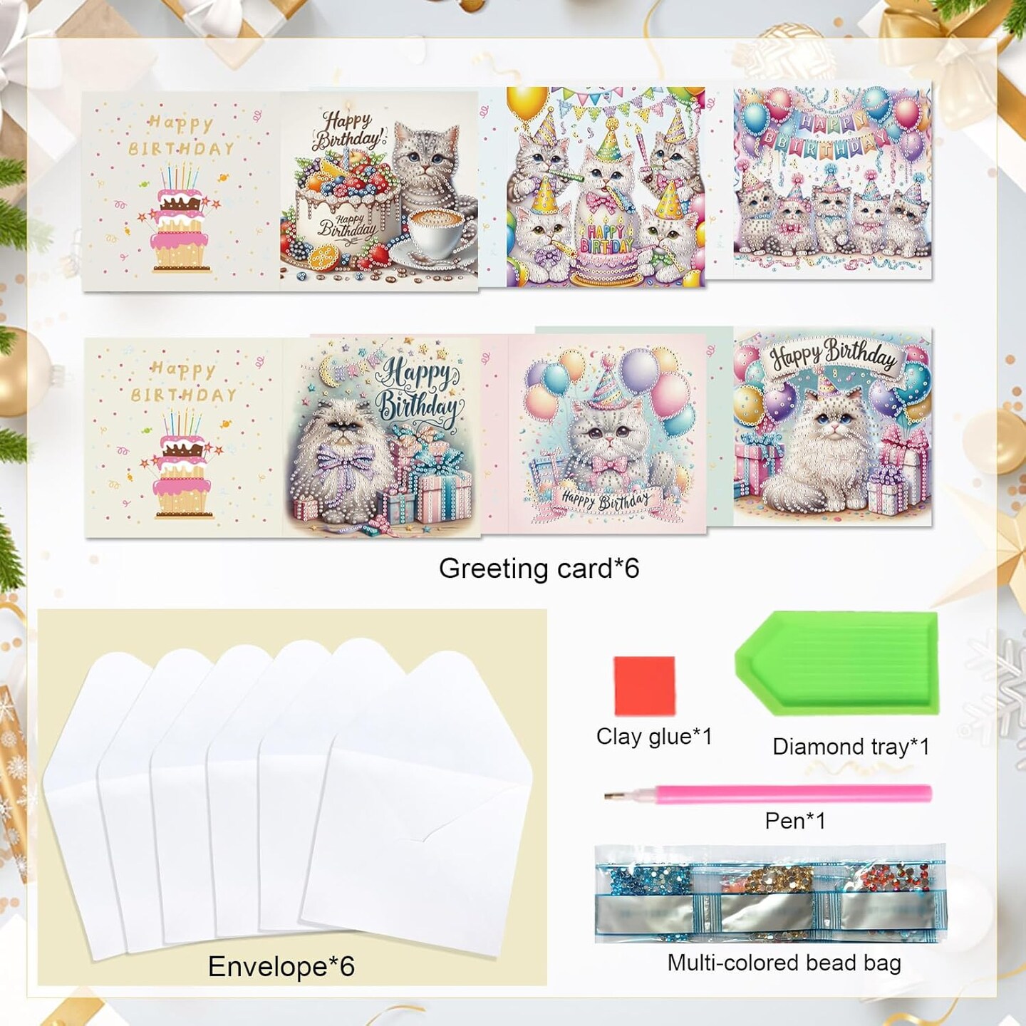 6pcs Diamond Painting Greeting Cards for Blessings and Wishes - Cat DIY Birthday card Special Shape Crystal Diamond Art Partial Mosaic Making Craft, Paper Material, Gift for Christmas Thanksgiving Day