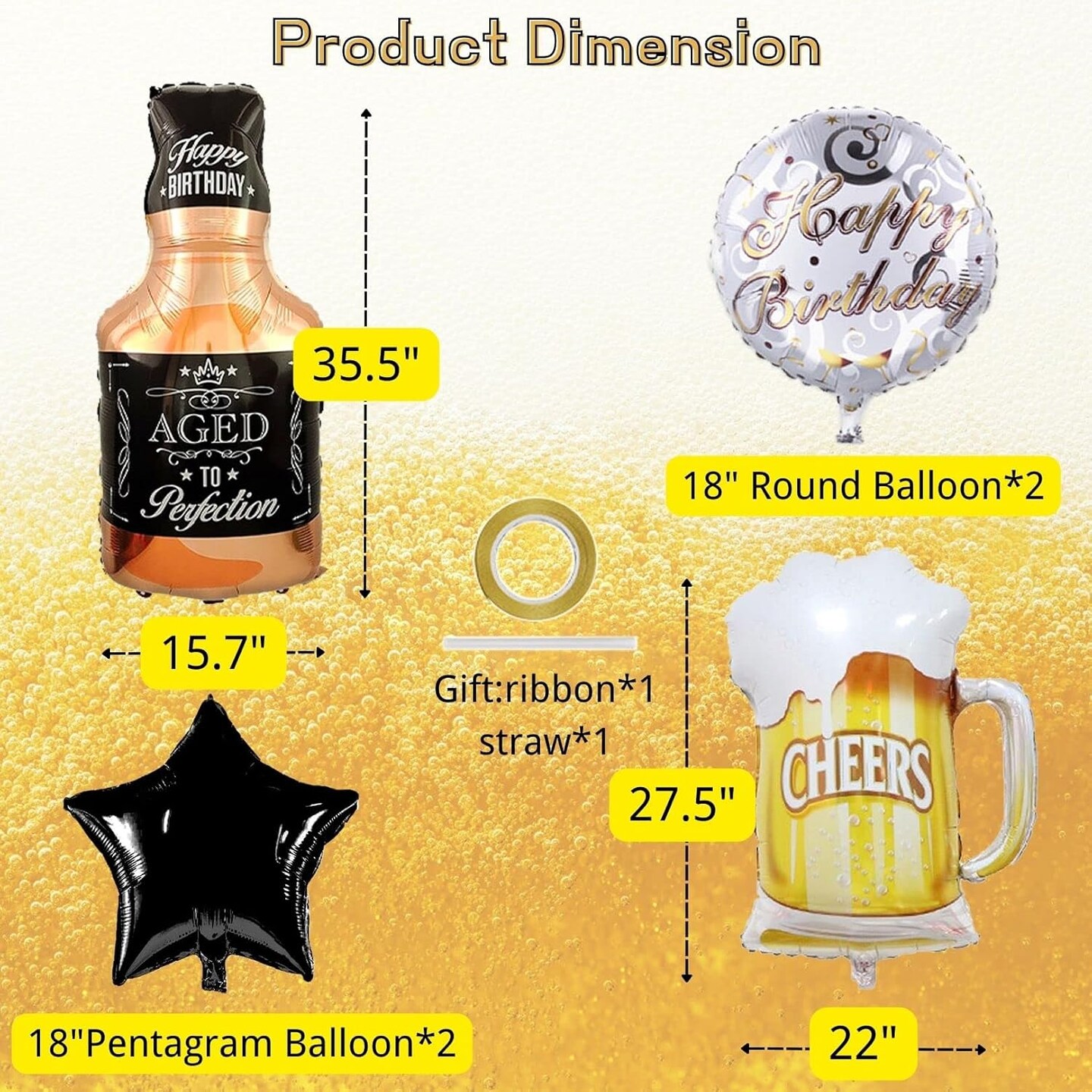 Beer Cup Balloons Set of 6 - Whiskey Bottle &#x26; Beer Mug Shaped Mylar Foil &#x26; Latex Black Golden Pentagram Balloons - Summer Party, Festival, Birthday &#x26; More