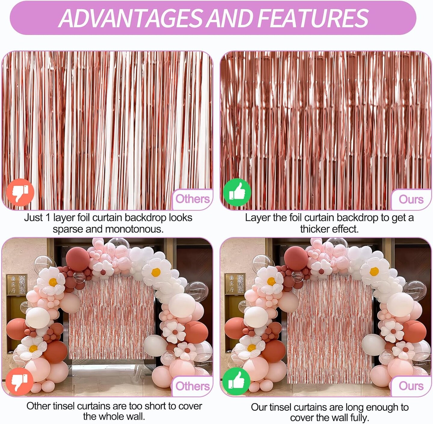 2 Pack 3.3 x 9.9 ft Rose Gold Foil Fringe Backdrop Curtain, Streamer Backdrop Curtains, Streamers Birthday Party Decorations, Tinsel Curtain for Parties, Photo Booth Backdrops, Party D&#xE9;cor