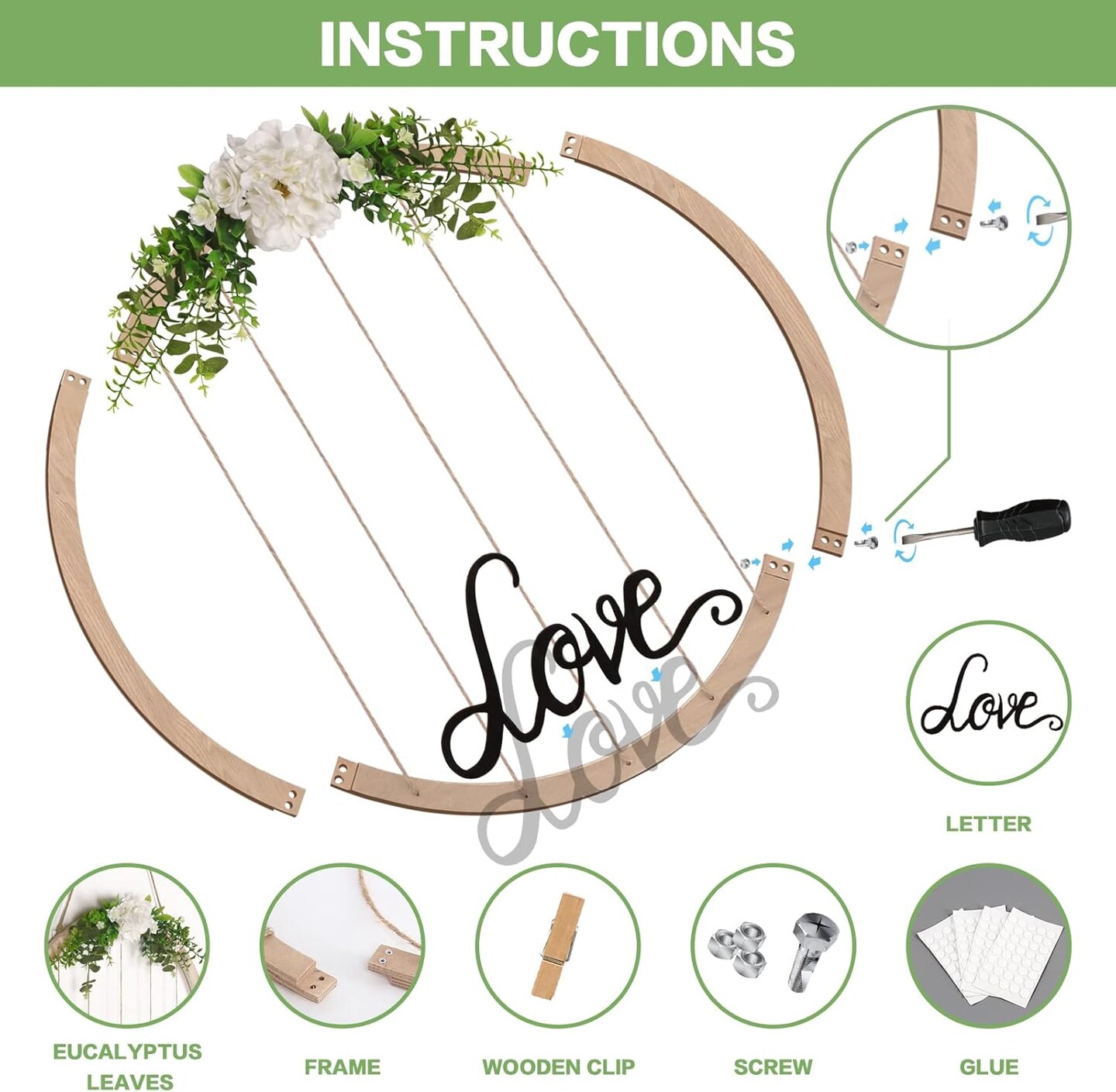 Large Round Wooden Multi Picture Frames - 60CM/23.62" Artificial Flower/Eucalyptus Hanging Display Board Photo Frames Collage Wall Decor, for Spring Mother's Day Grandma Christmas