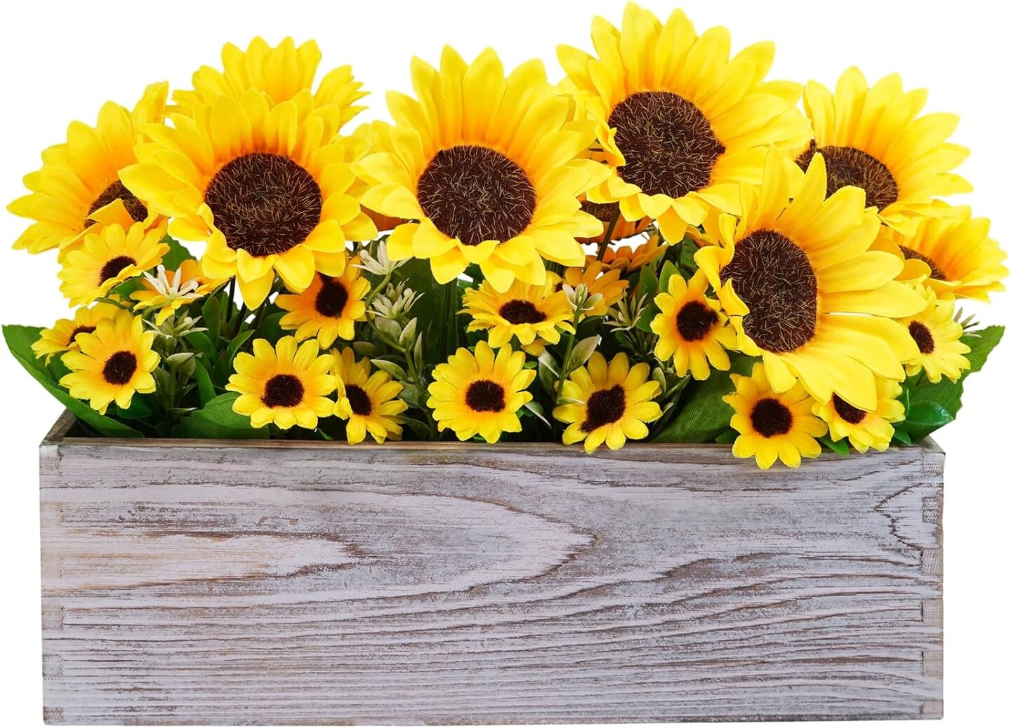 11&#x22; Rustic Sunflowers Arrangement Artificial Sunflower Bouquets in Rectangular Wooden Planter Yellow Sunflowers Summer Floral Centerpiece for Gift Farmhouse Country Kitchen Mantel Table D&#xE9;cor