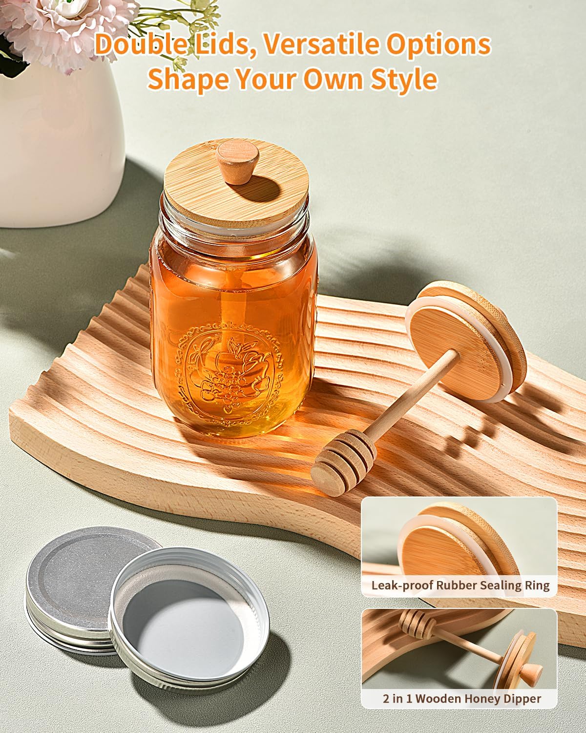 Honey Jar with Dipper and Lid, 16oz Honey Pot Set of 3, Mason Jar Honey Dipper Lid, Honey Container with Dipper, Storage Jars with Lids
