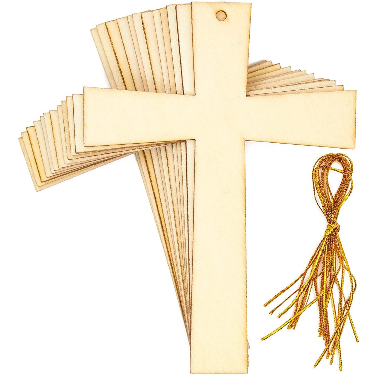 12 Pack Unfinished Wood Cross Cutouts with Gold Rope for Craft - Wooden Cross Ornaments Charms for Christian Baptism, Easter, First Communion, Rosary, Sunday School, Church