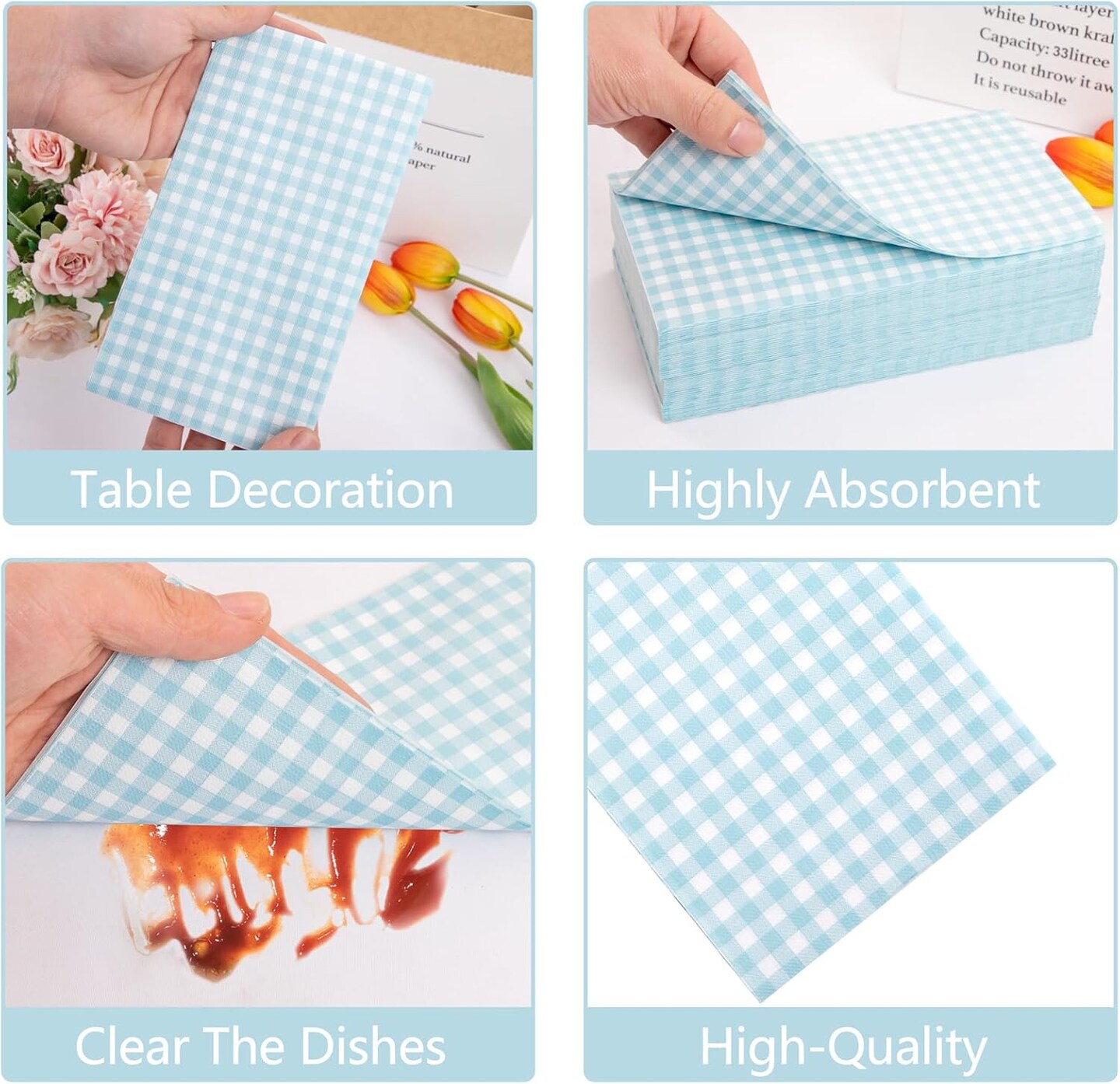 150Pack Baby Blue Paper Checkered Napkins - 3 Ply Disposable Blue and White Gingham Napkins Guest Dinner Napkins Paper for Bathroom Picnic BBQ Birthday Easter