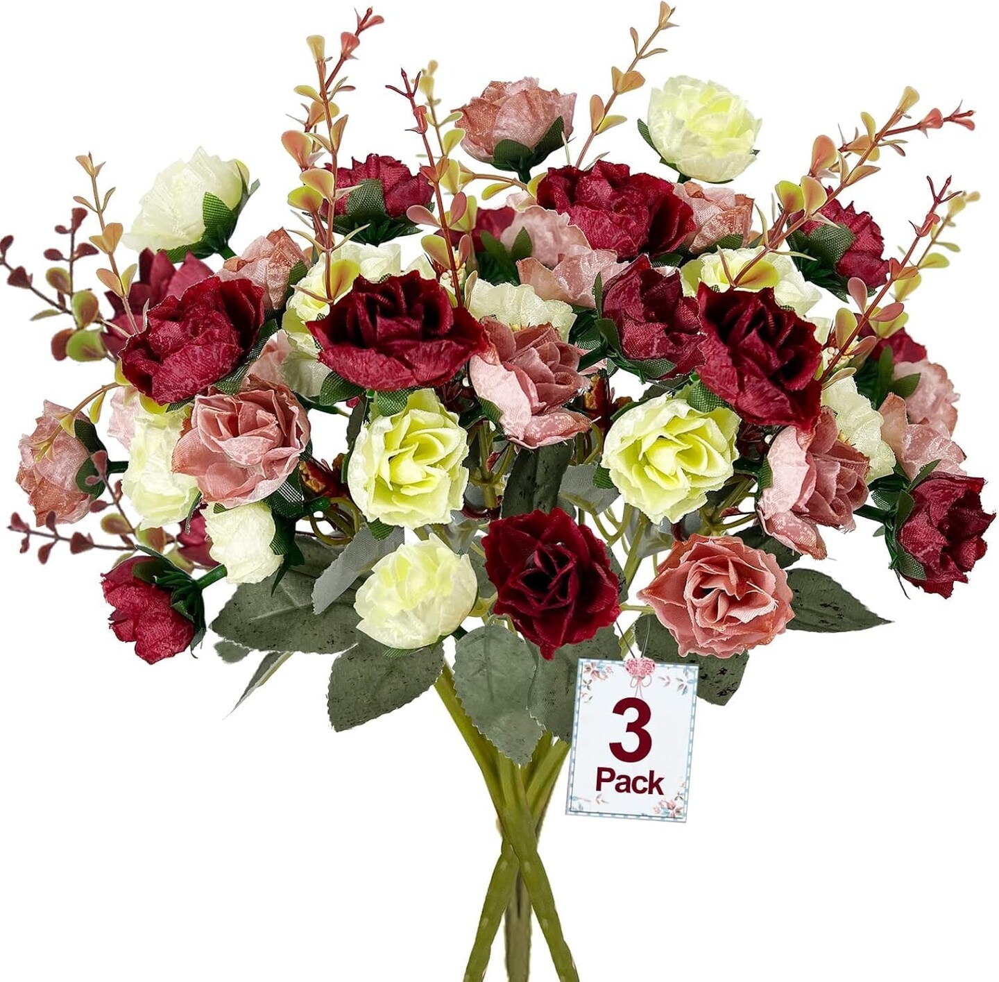 3 Heads Summer Tabletop Floral Arrangements Roses Artificial Flowers Bouquet 3 Bundles Fake Flowers