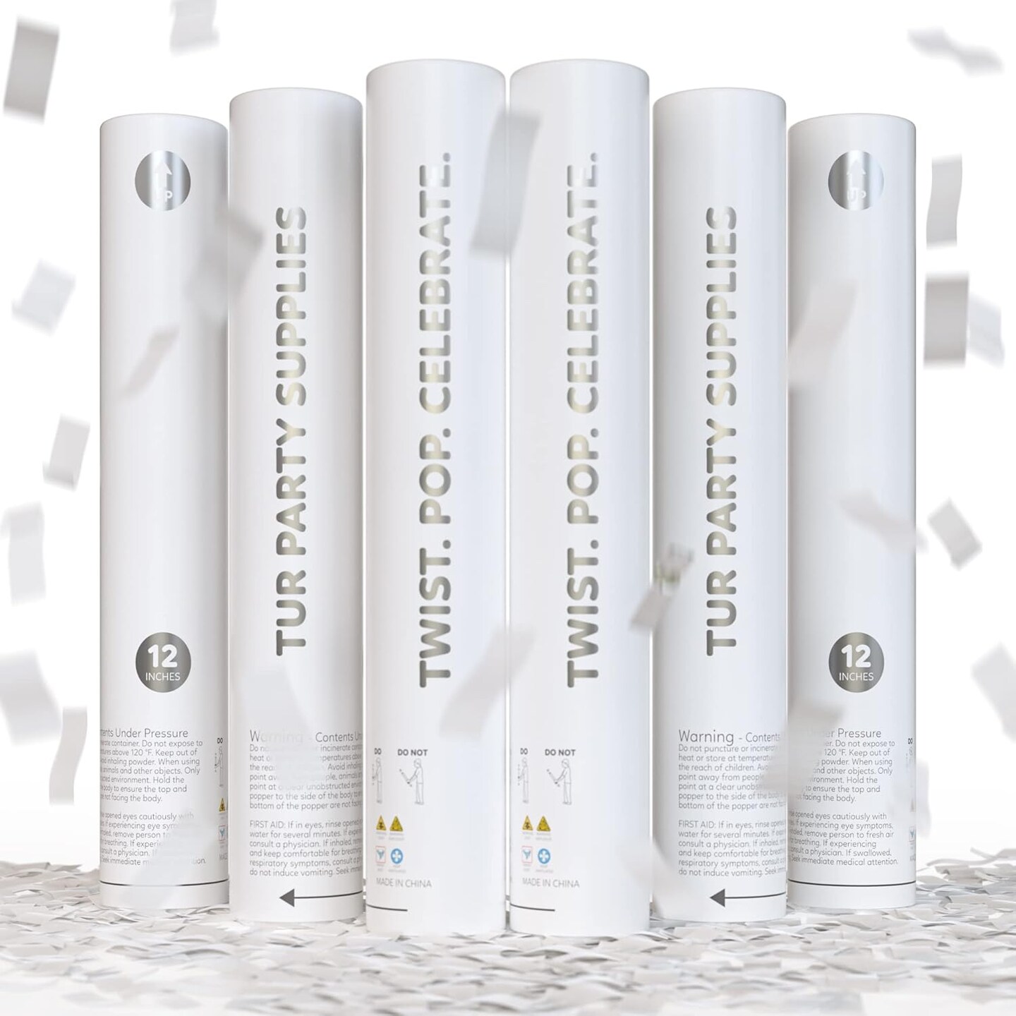6PCS White Biodegradable Confetti Cannons 12" – Party Poppers for Wedding & Birthday
