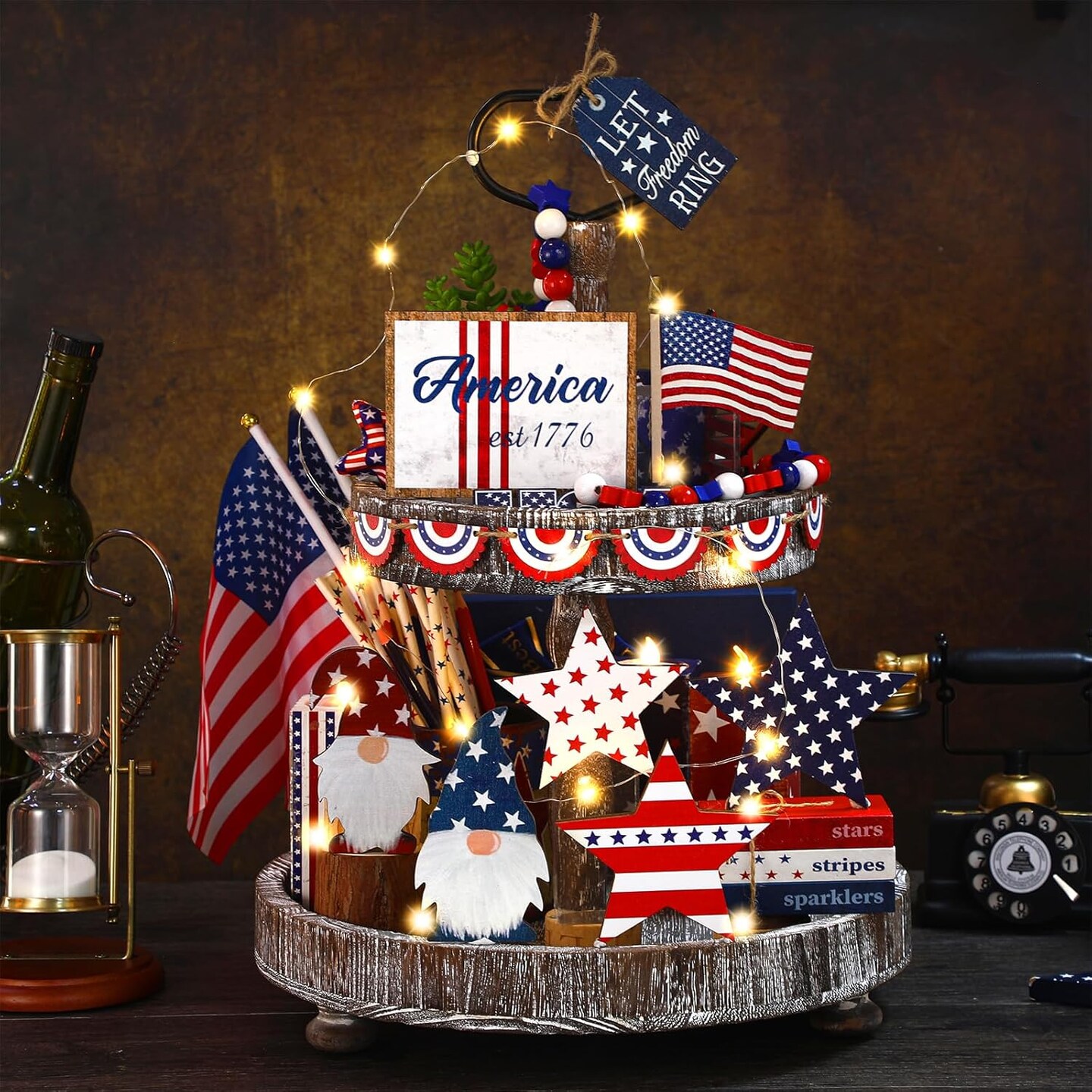 18 Pcs Memorial Day Tiered Tray Decor Set Rustic Patriotic Independence Day Decoration