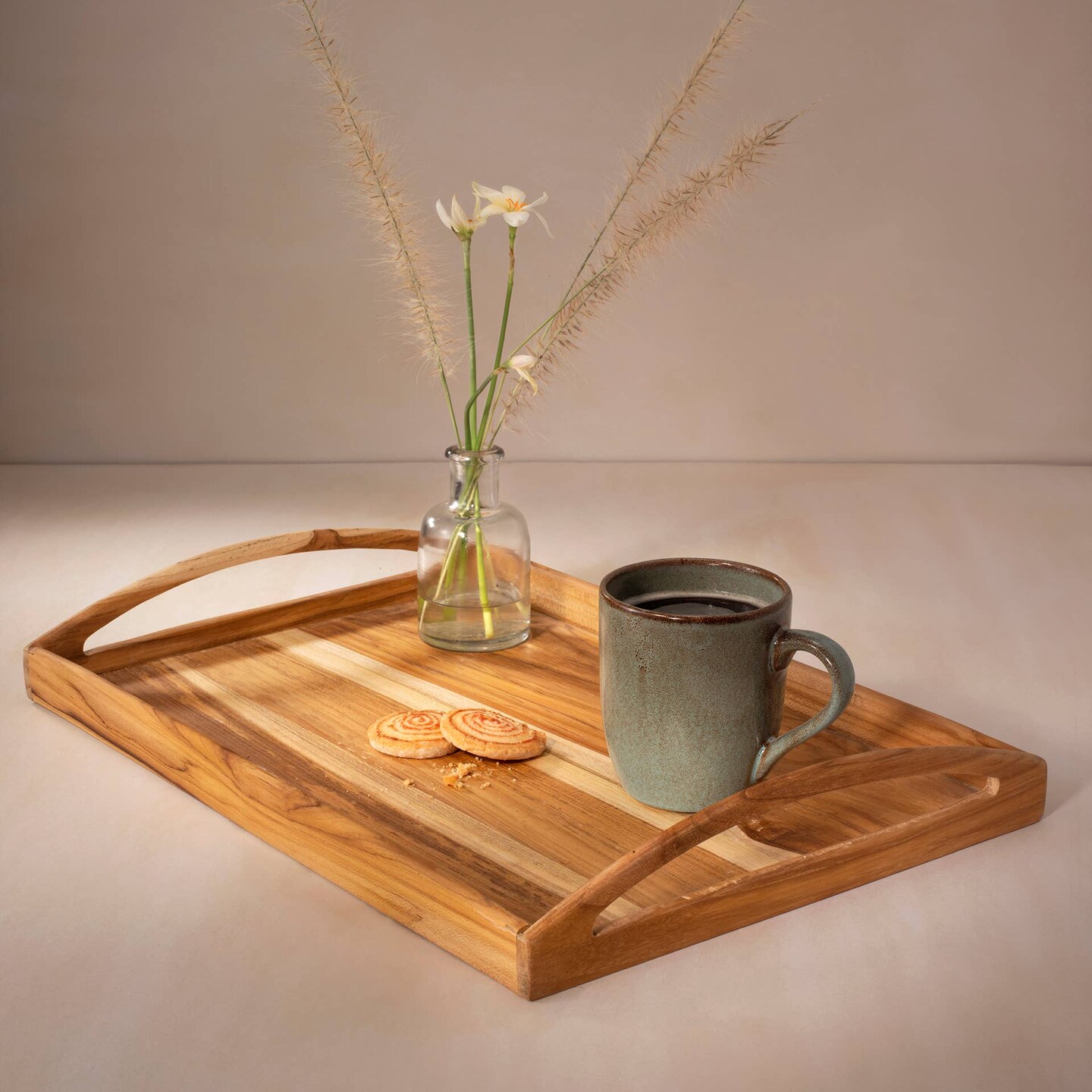 Serving Tray | Handmade Decor Teak Wood Rectangle Tray | 18" X 11" X 2.5"