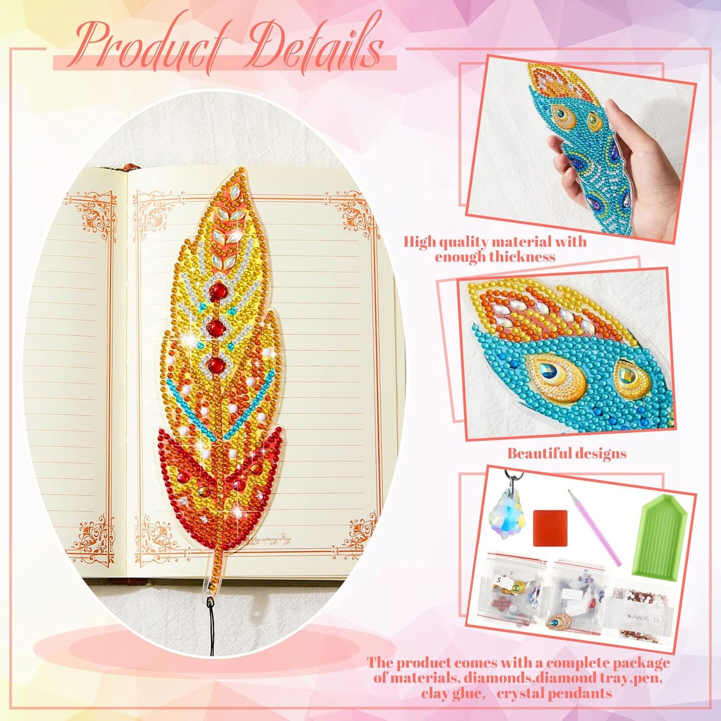 6 Pcs Diamond Painting Bookmarks Kits DIY 5d Feather Bookmark Rhinestone DIY Bookmarks Crystal Diamond Art Acrylic for Adult Arts Supply Crafts Gifts