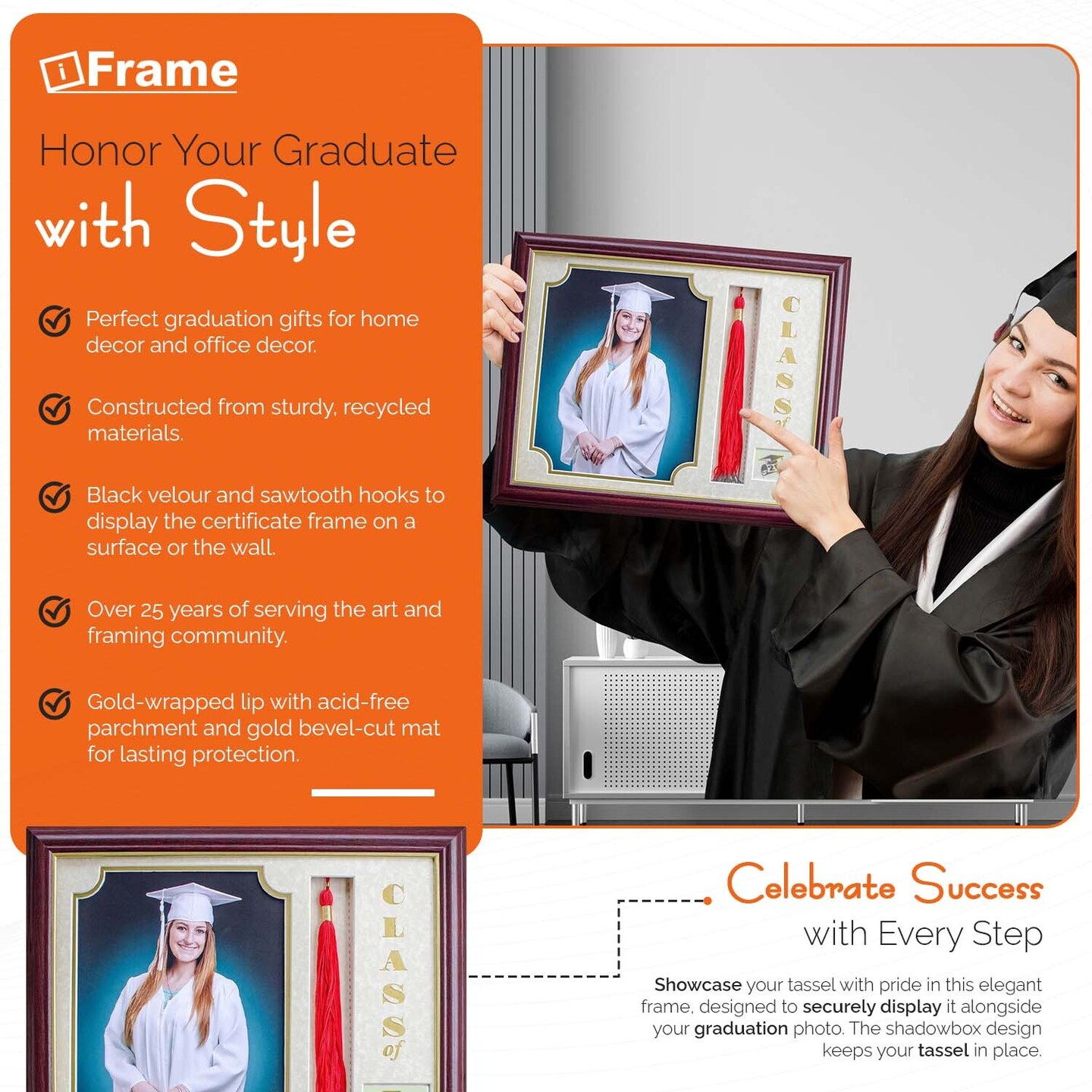 iFrame Graduation Photo & Tassel Frame I 5x7 & 8x10 Picture Frame For 2025 Class Year | Real Wood Cherry, Black and Walnut Finish I Wall Mount & Tabletop Graduation Frame | Made in USA