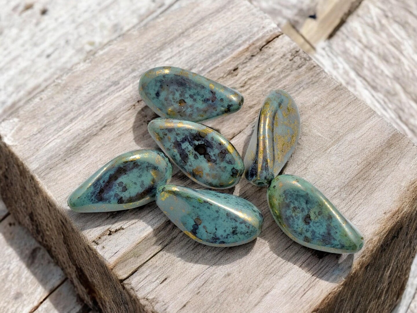 *6* 24x13mm Opaque Bronzed Turquoise Twisted Oblong Oval Beads
