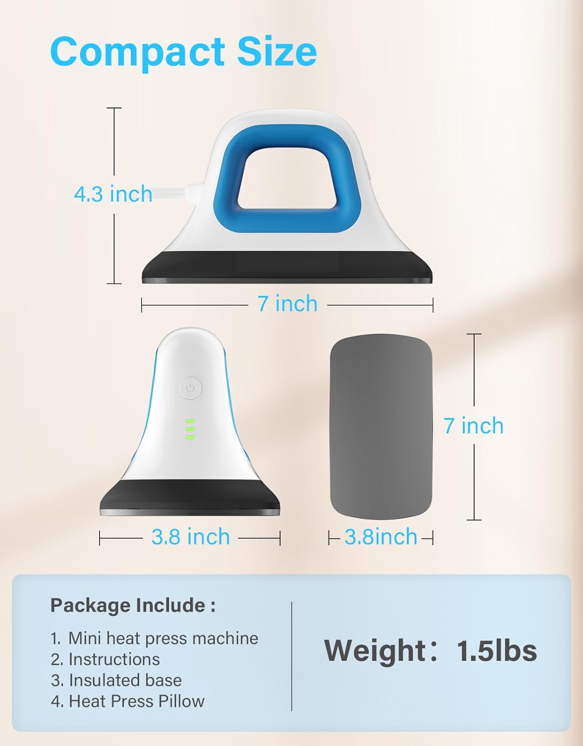 Mini Heat Press - 7"x 3.8" Transfer Machine Small Hand held Iron Press Heat for Tshirt and HTV Vinyl Projects,Easy Temperature Control with Safety Base & Auto-Off Feature(Blue)