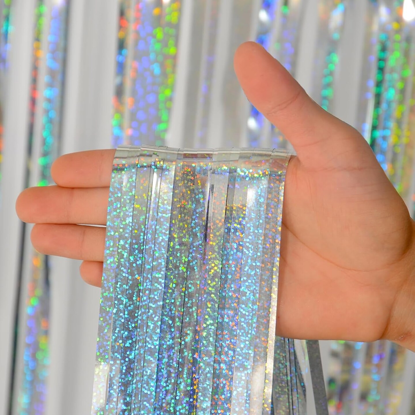 Silver Foil Curtain Tinsel Backdrop, 3.2 ft x 8 ft Tinsel Foil Fringe Curtains Backdrop, Sparkle Metallic Foil Curtains for Party Photo Booth Decoration